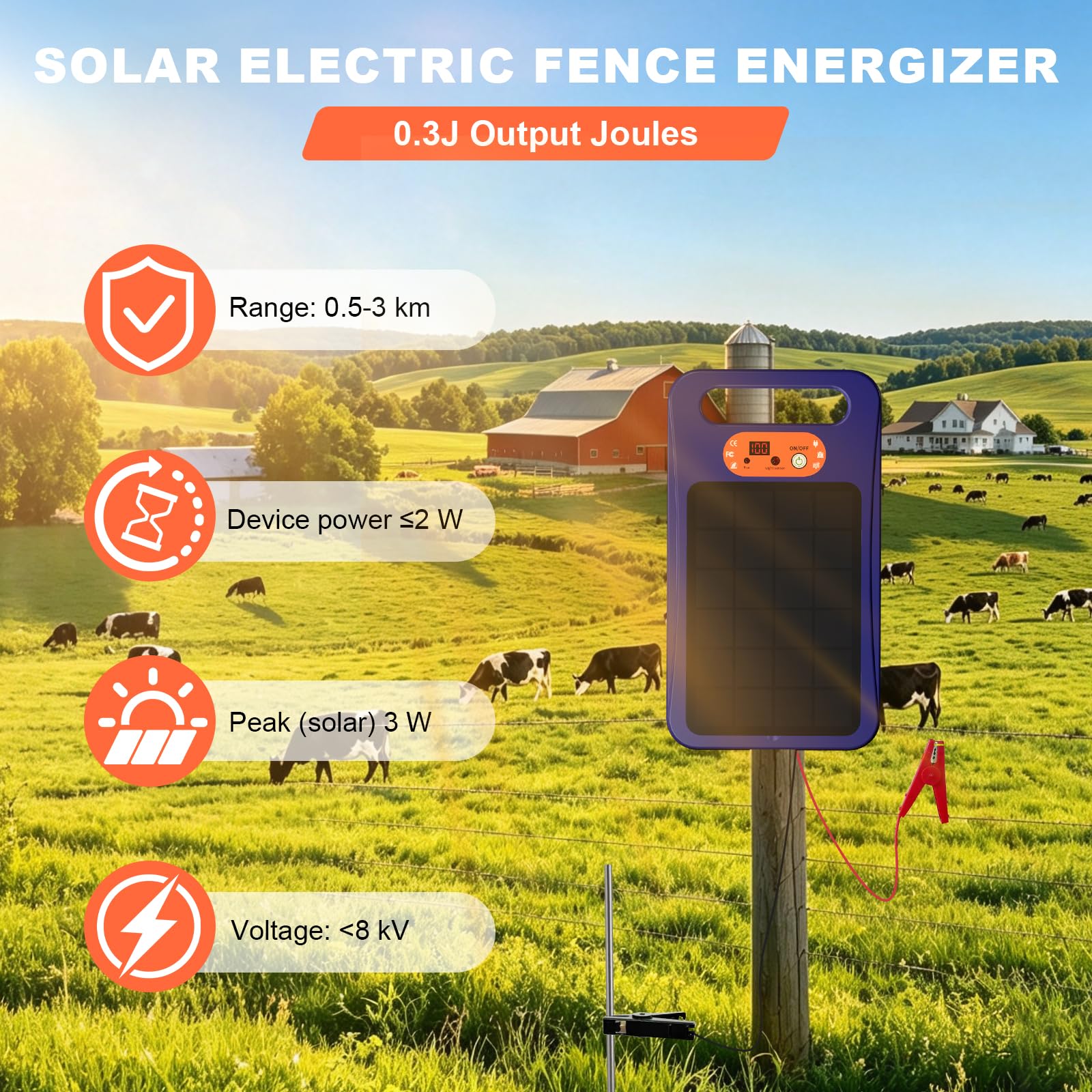 Energizzatore per recinzione elettrica solare, 0,3 J, portatile, con modalità giorno/notte, impermeabile IPX5, per cavalli, bestiame, bestiame, pollame