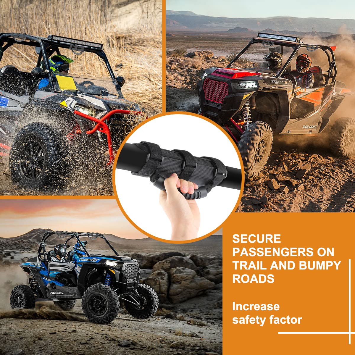 Paquete de 2 asas de agarre UTV, mango de agarre antideslizante, apto para barra de rollo de 2 a 3 pulgadas, compatible con Polaris RZR Ranger Can Am X3 Kawasaki Pioneer Talon Wildcat