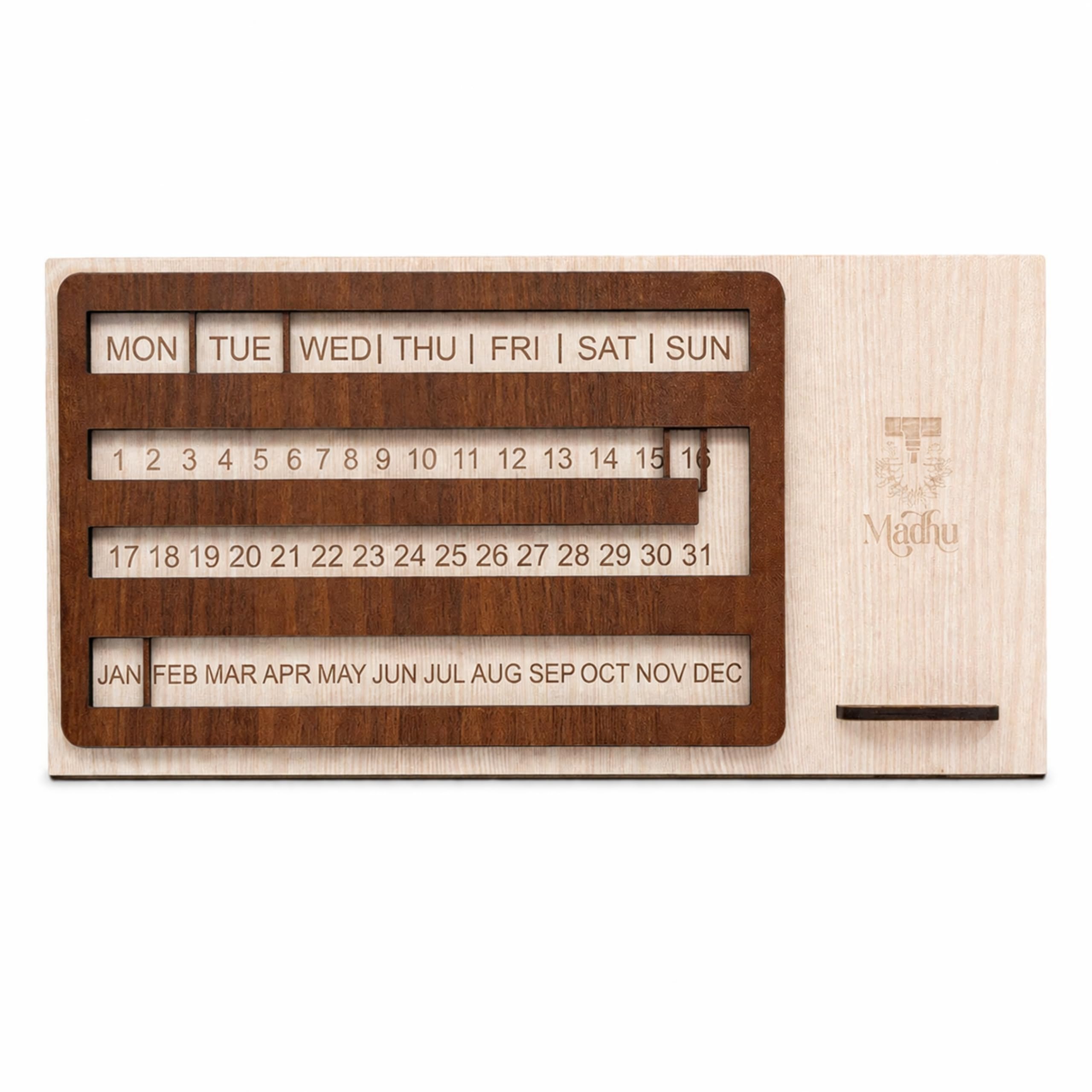 Wooden Perpetual Calendar Desk Organizer | Reusable Sliding Date Calendar with Day, Month & Date Display | Modern Office Desk Decor | Wooden Tabletop Calendar for Home & Office (Rectangular Sliding Calendar)-image-22
