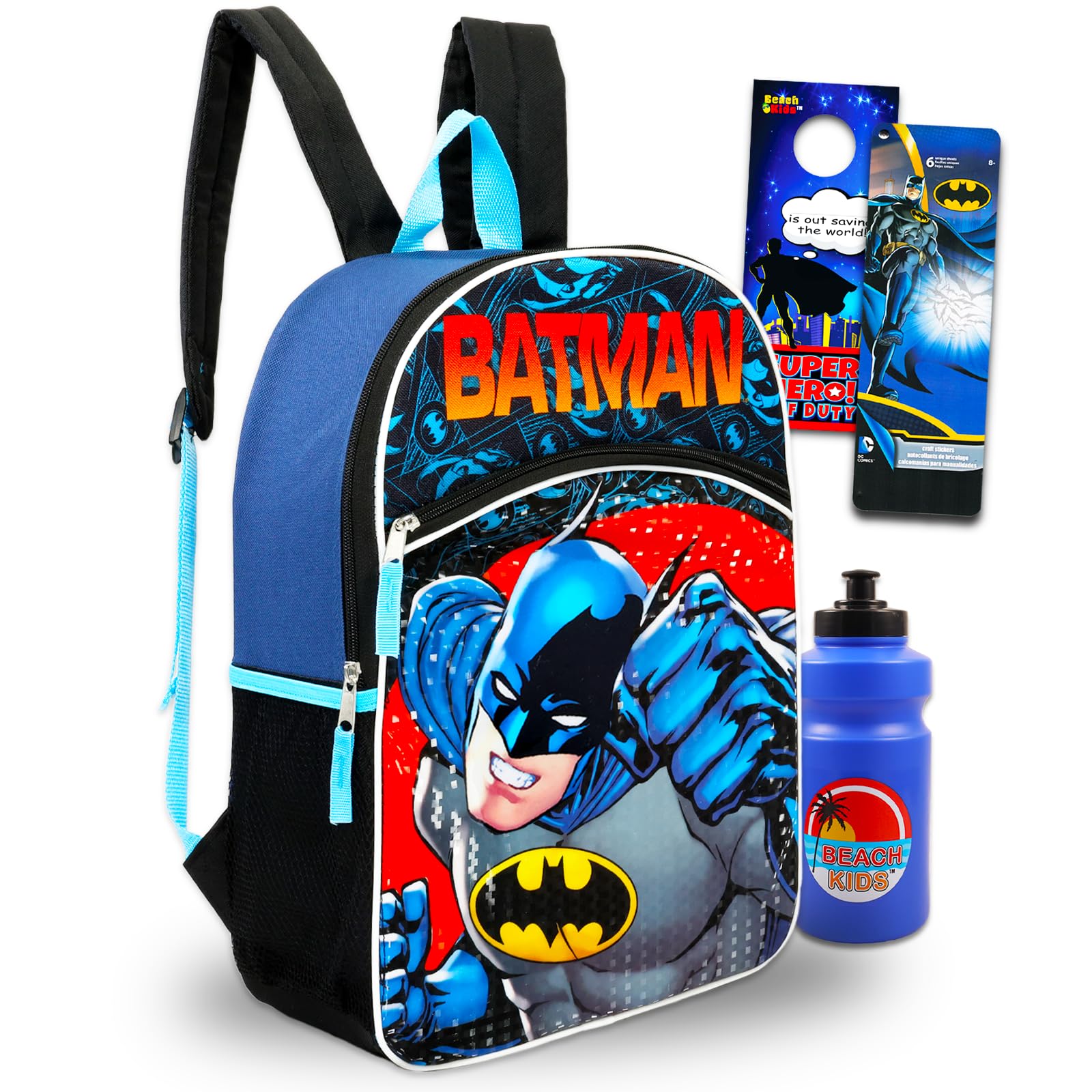 DC Comics Batman Backpack for Kids - 16" Batman School Bag with Batman Stickers, Water Bottle, Door Hanger, and More (Batman School Supplies Bundle)