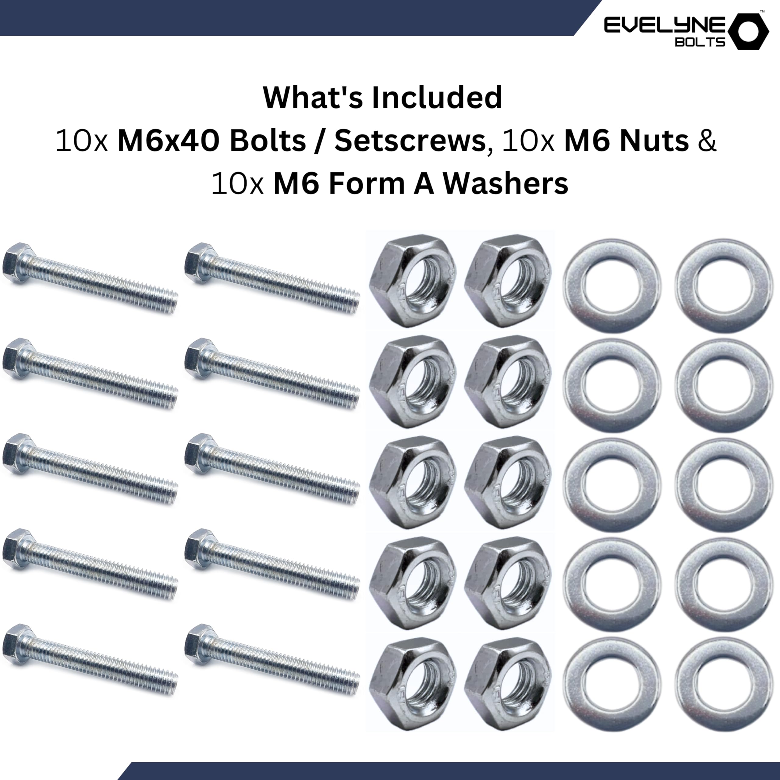 M6 Nut, Bolt & Form A Washer Set - 10 Pack: M6x40 Bolts, Nuts & Form A Washers, Silver, M6x40 Bolts, M6 Nuts, M6 Form A Washers - Image 2