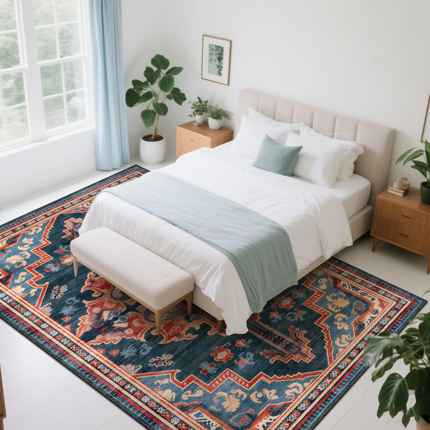 Tappeto per soggiorno, 120 x 180 cm, tappeto da comodino, cucina, antiscivolo, lavabile, per decorare la casa, camera da letto, dormitorio, camera dei bambini, salotto, ufficio, blu scuro, arancione