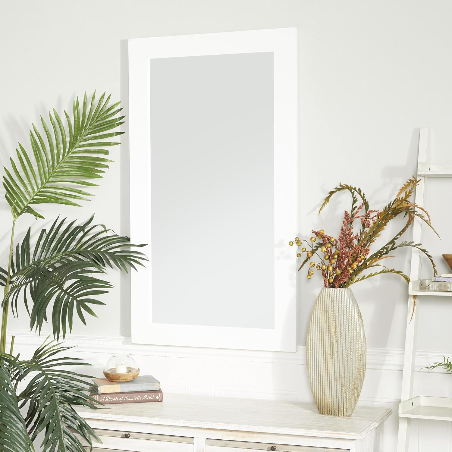 Deco 79 Wooden Room Wall Mirror Minimalistic Rectangle Entryway Mirror, Wall Mounted Mirror 24" x 1" x 42", White