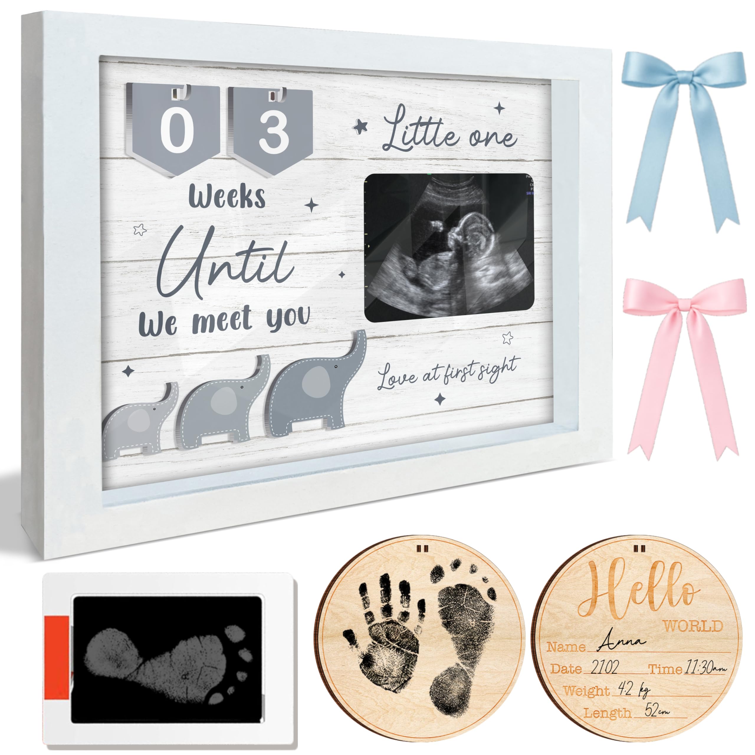 4x3 Covered Ultrasound Picture Frame Countdown Weeks Love at First Sight Pregnancy Announcement Hello World Ink Pad Sonogram Photo Gift Gender Reveal