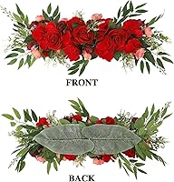 Vista 4 de Guirnalda de flores artificiales de peonía roja, guirnalda de arco de flores sintéticas de 25.6 pulgadas, dintel de puerta de simulación, hojas