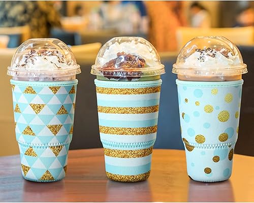 Vista 101 de Patelai Funda aislante reutilizable para café helado, 4 piezas, para bebidas frías, bebidas y soporte para la mayoría de los cafés