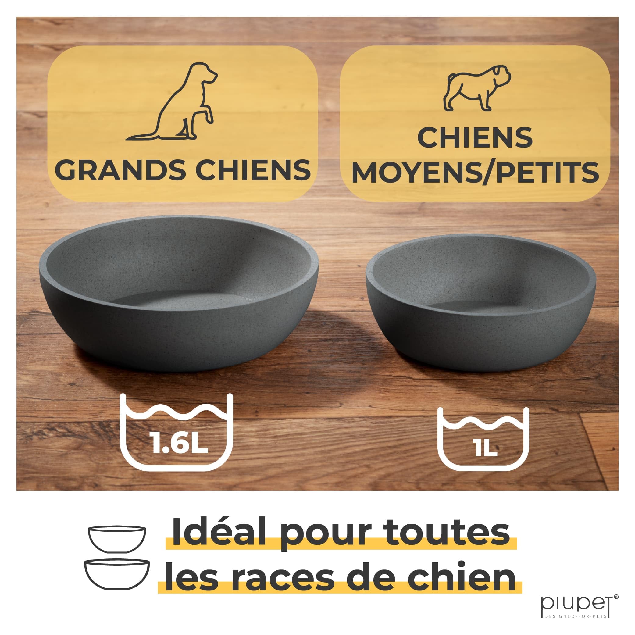 PiuPet® 2X Gamelle Chien 1,6L - Abreuvoir et Mangeoire en Bambou - Gris