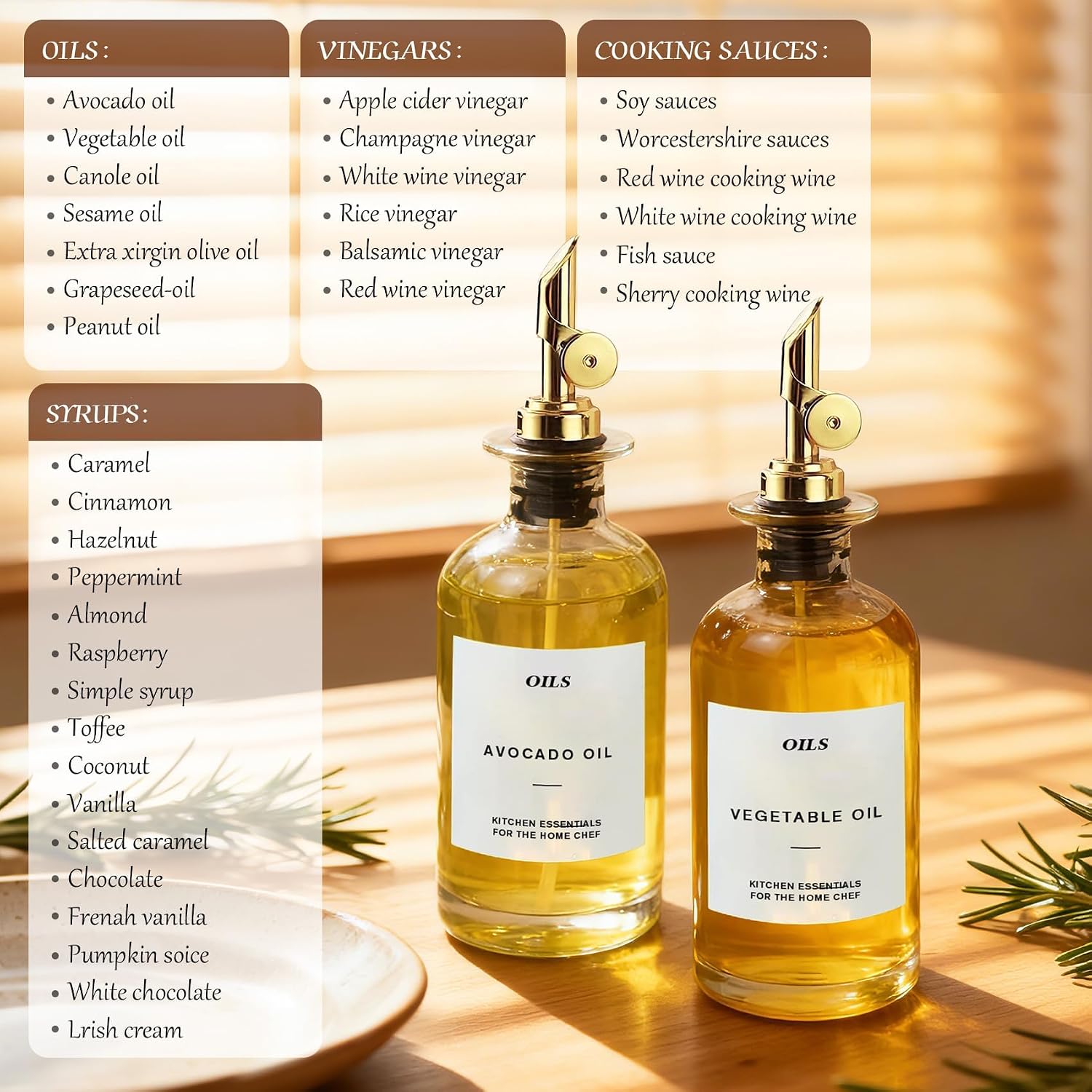 2PCS Olive Oil Dispenser for Kitchen, 350ml(12oz) Kitchen Glass Olive Oil Dispenser Bottle Set, Oil and Vinegar Dispenser Set with Gold-Toned Spouts and Labels(Gold)