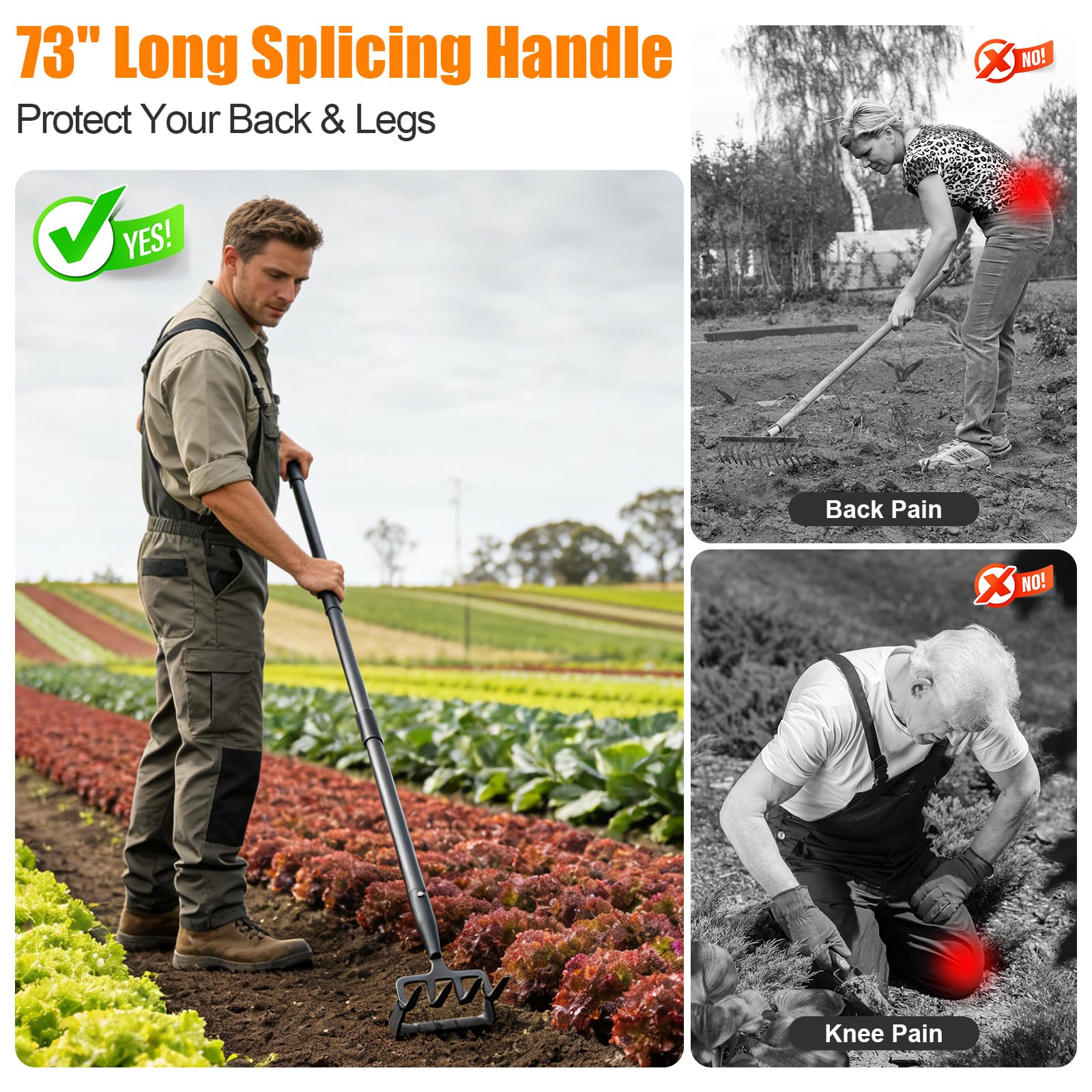 Azada de jardín, 72 pulgadas, cultivador de suelo, azada de estribo, herramienta de jardín 2 en 1 resistente con mango largo ajustable, azada de acción con rastrillo para macizos de flores, excavación
