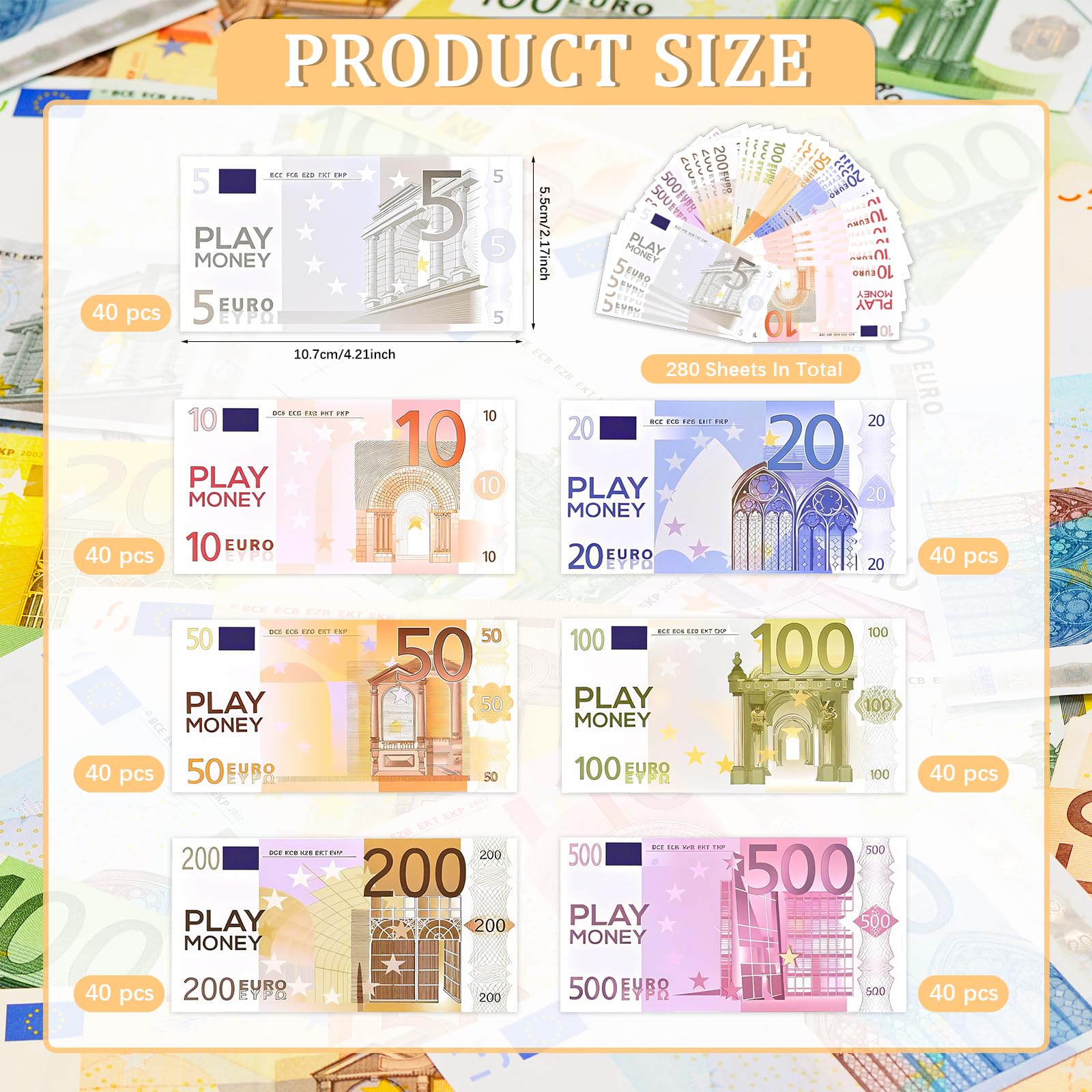 280 Stück Spielgeld Set, Spielgeld Scheine für Spiel | 5/10/20/50/100/200/500, 40 Blatt pro Blatt, Prop Money