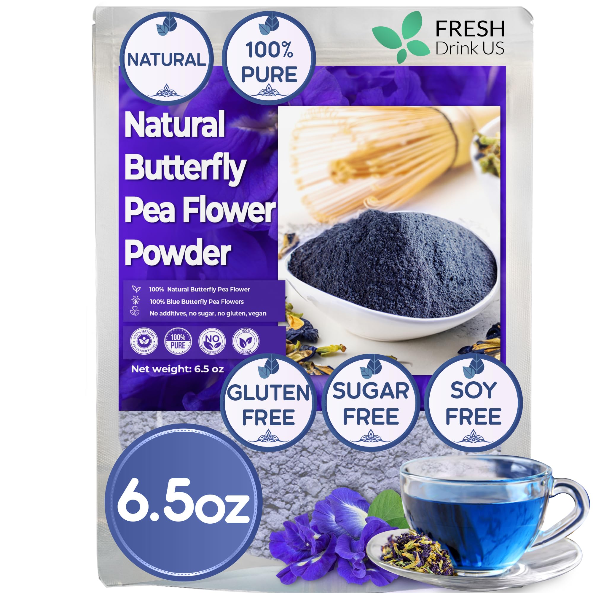 FRESHDRINKUS 6.5oz Butterfly Pea Flower Powder, 100% Natural and Pure, No Additives, No Gluten, No Sugar, Vegan