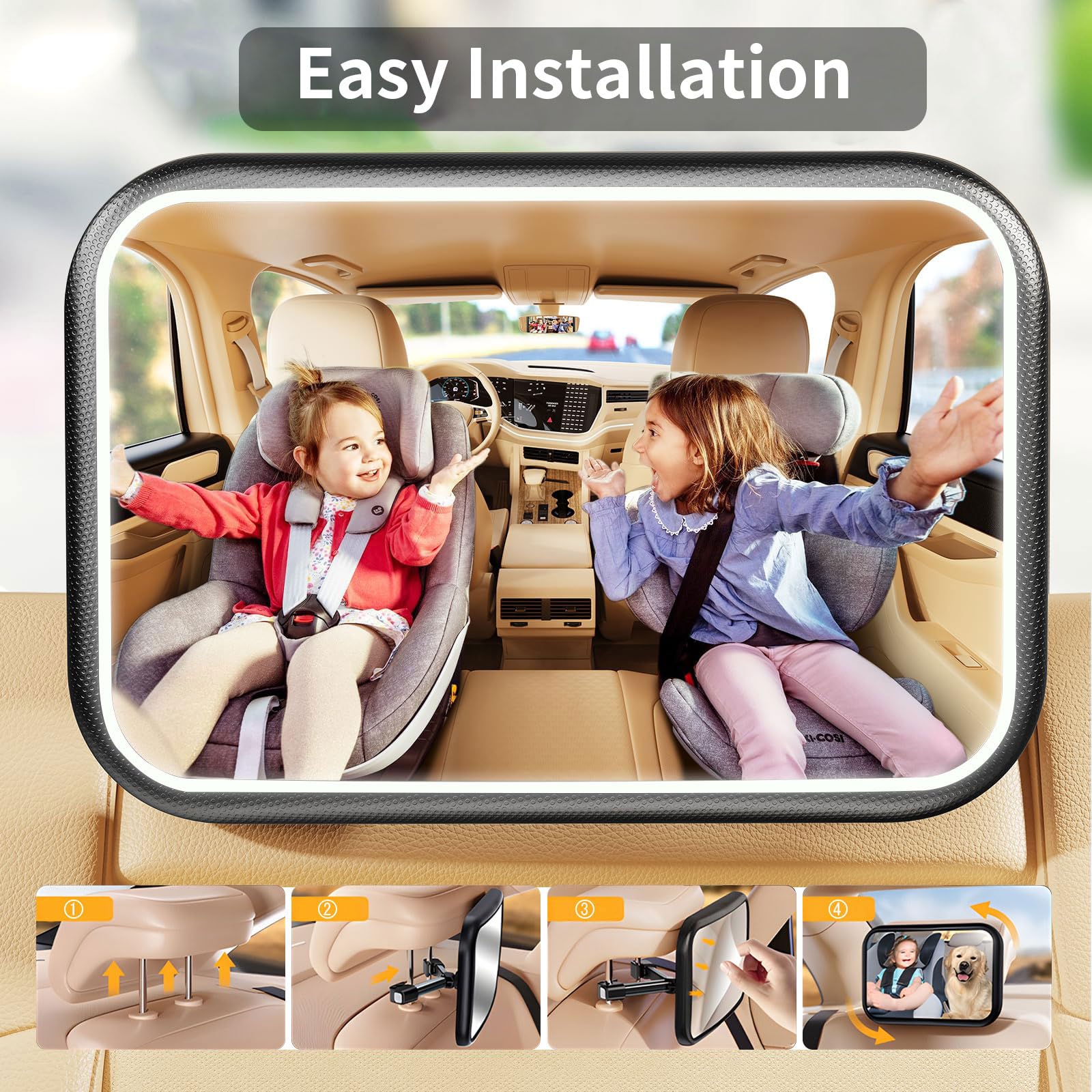 Specchio per auto con luce a 360° con telecomando per specchietto retrovisore per auto, sedile posteriore con clip in metallo per neonato + 2 adesivi Baby on Board e 2 ganci per poggiatesta