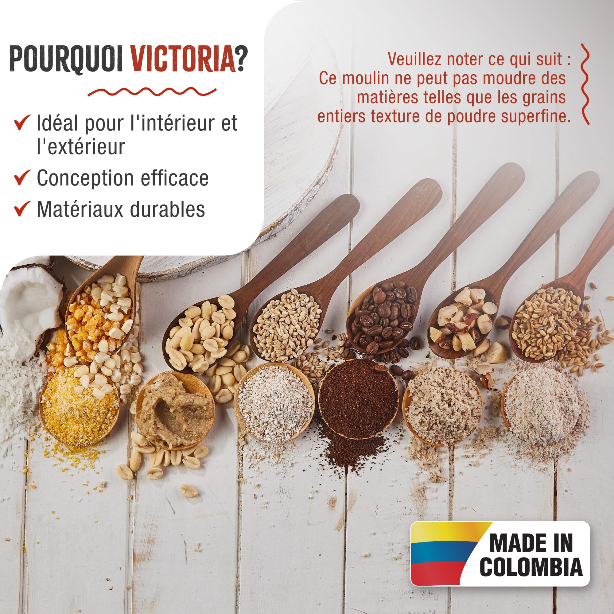 Victoria Moulin à Grains Manuel, Moulin à Main en Fonte pour Moudre le Café, le Maïs, l'Avoine, les Graines, Broyage Réglable, Trémie Basse, Grain Grinder avec Pince de Table, Rouge