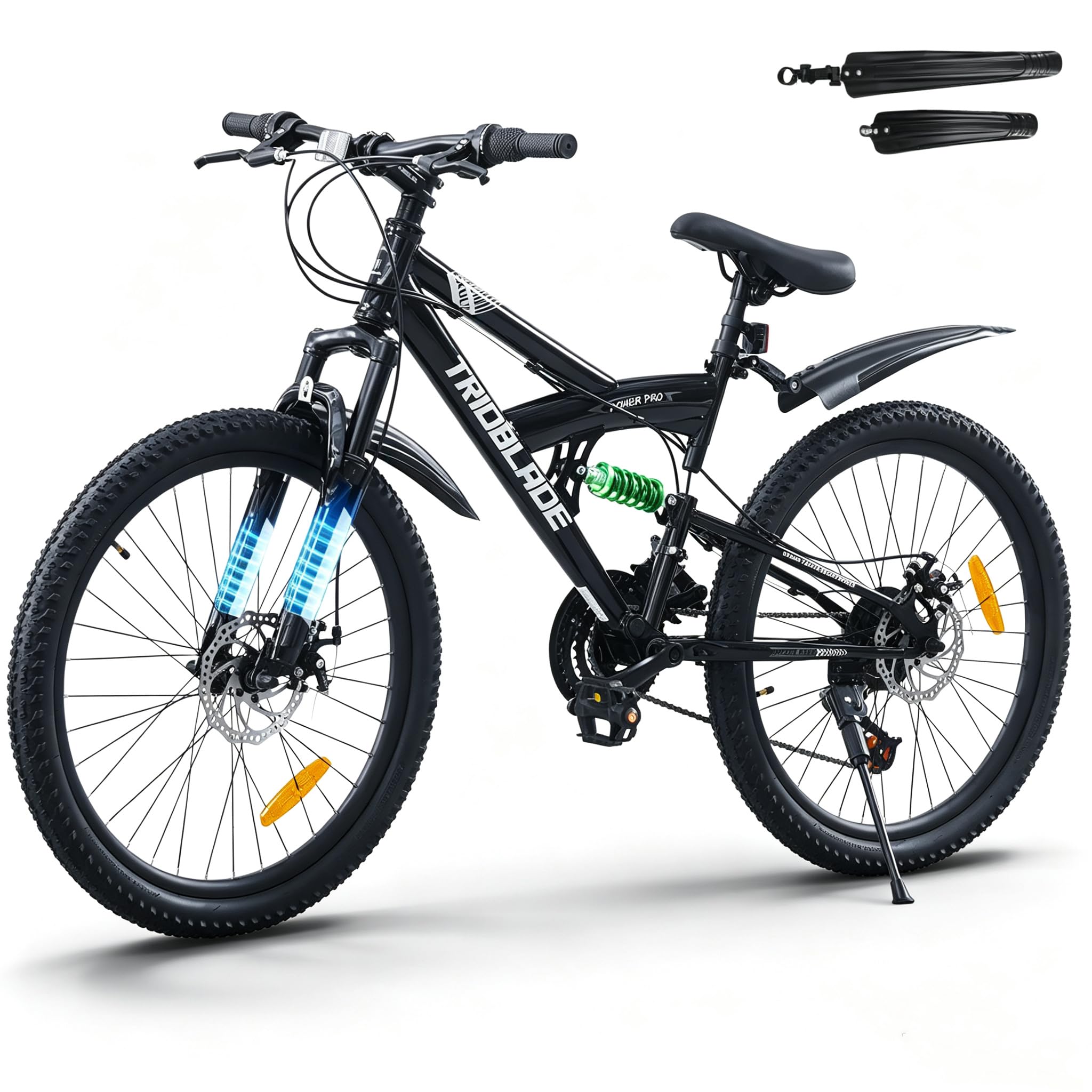 LSBIKE 24/26/27.5 Inch Full Suspension Mountain Bike, 21 Speed Adult Mountain Bicycle with Front & Rear Disc Brake Men Women MTB Road City Bike w/Carbon Steel Frame Double Rim Wheel (Black, 24inch)