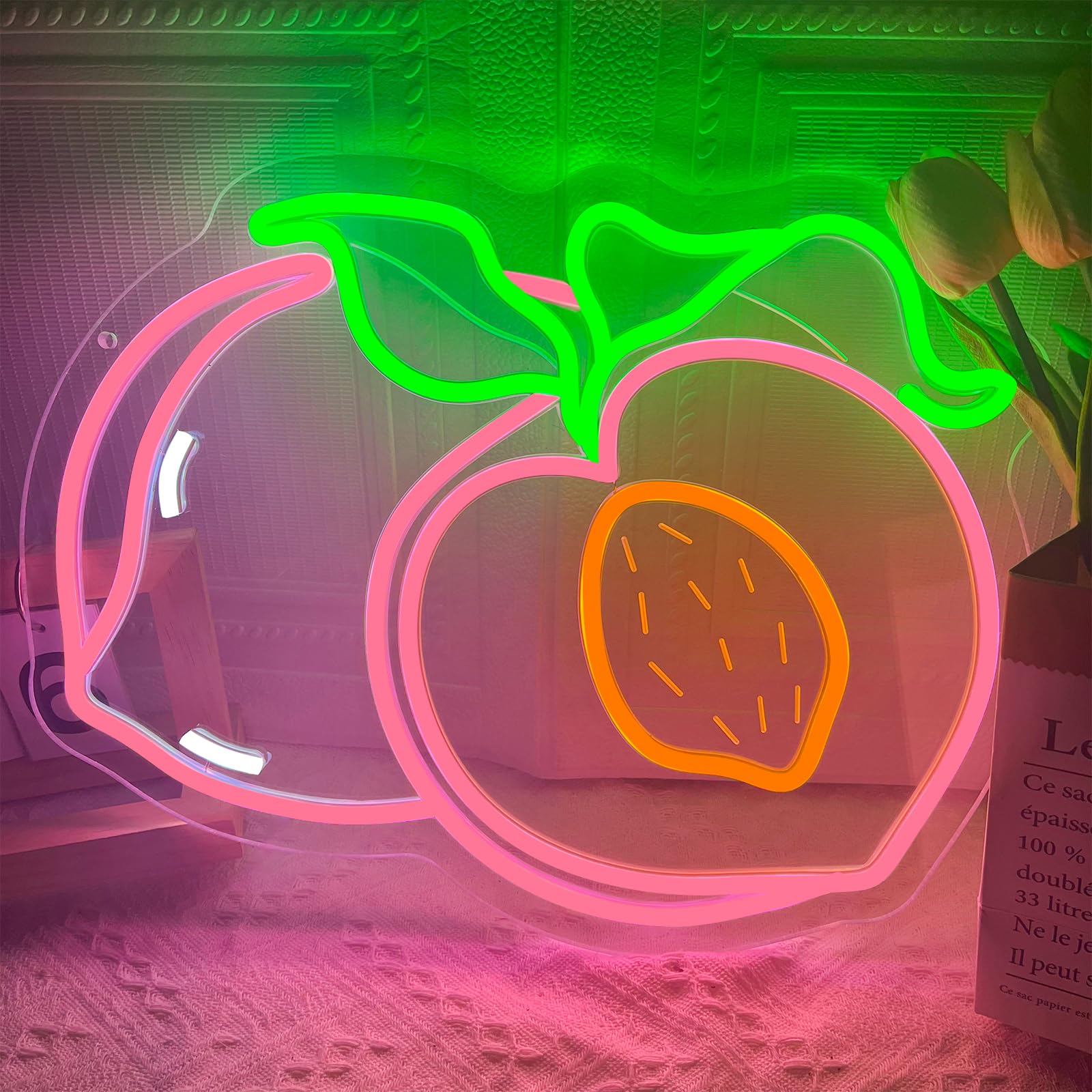 Peach Neon Sign for Wall Decor, Dimmable Pink Peaches Fruit Neon Lights, Vibrant Fruit Themed Neon LED Signs for Kids Room, Bedroom, Restaurant, Bar, Club, Fruit Shop, Birthday Party