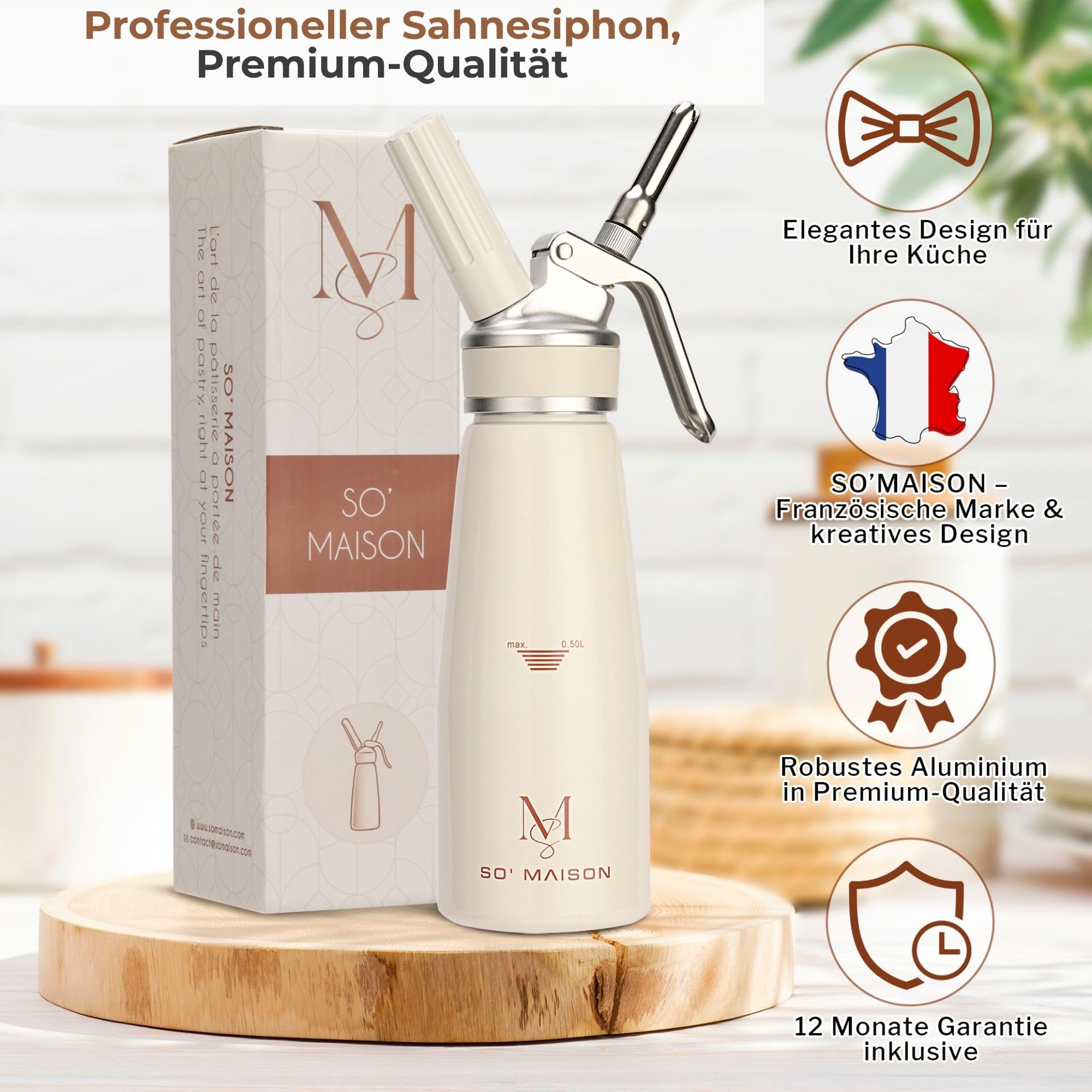 SO’Maison Sahnespender 500 ml – Hochwertiger Sahnesiphon für Schlagsahne, Espuma & Mousse – Vintage Creme Design, Profi Schlagsahnebereiter inkl. Rezeptbuch zum Selbstbefüllen