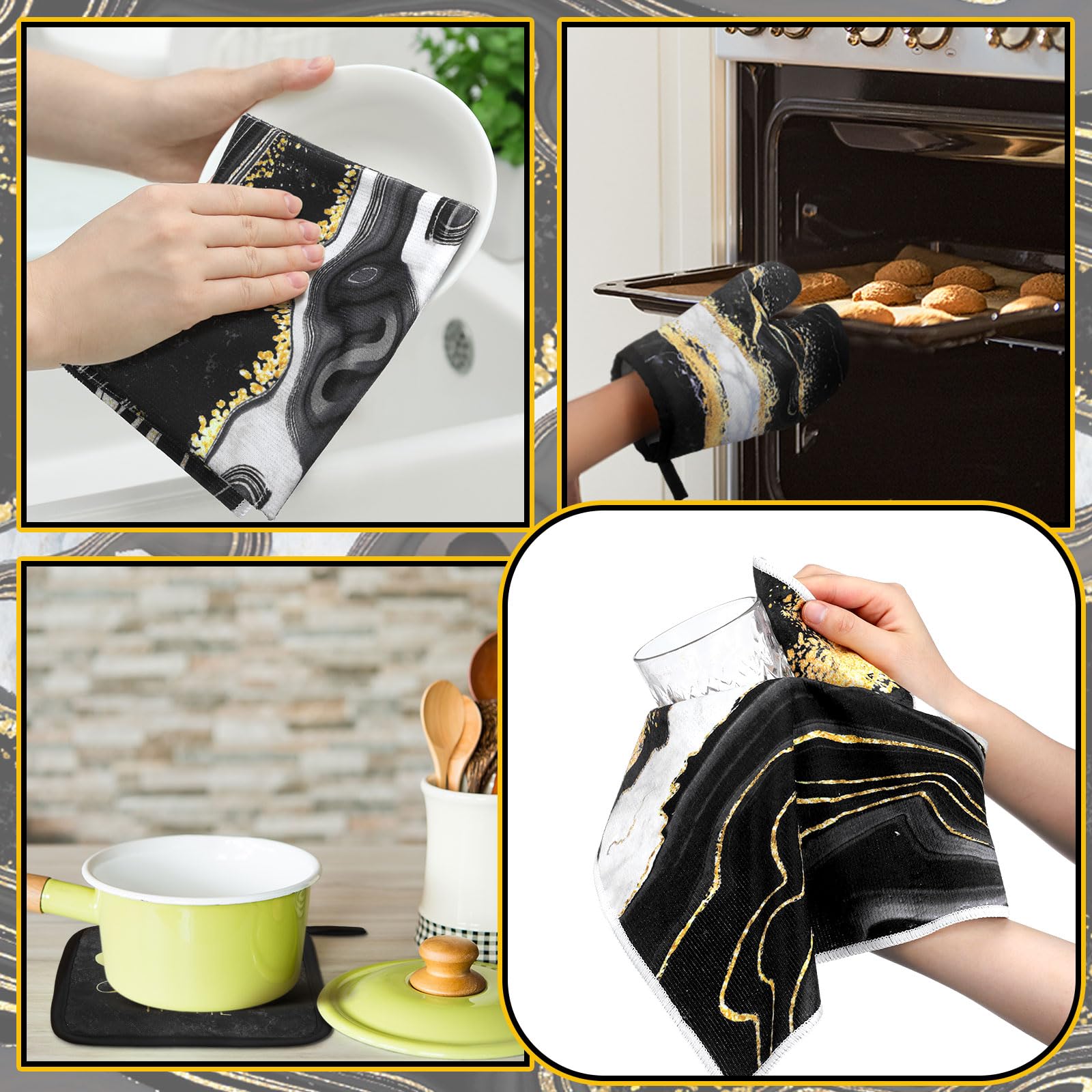 Juego de 8 paños de cocina de mármol negro para decoración de cocina y guantes de horno, soportes para ollas y paños de cocina, accesorios de cocina de granja, juego decorativo para chef 6