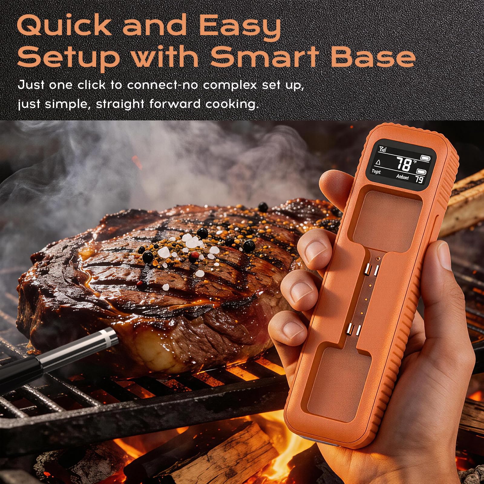 Termómetro de carne inalámbrico Bluetooth inteligente con alcance de 500 pies y alertas de aplicación, termómetro digital de cocina de sonda única para asar, ahumar, horno, cocina, perfecto para