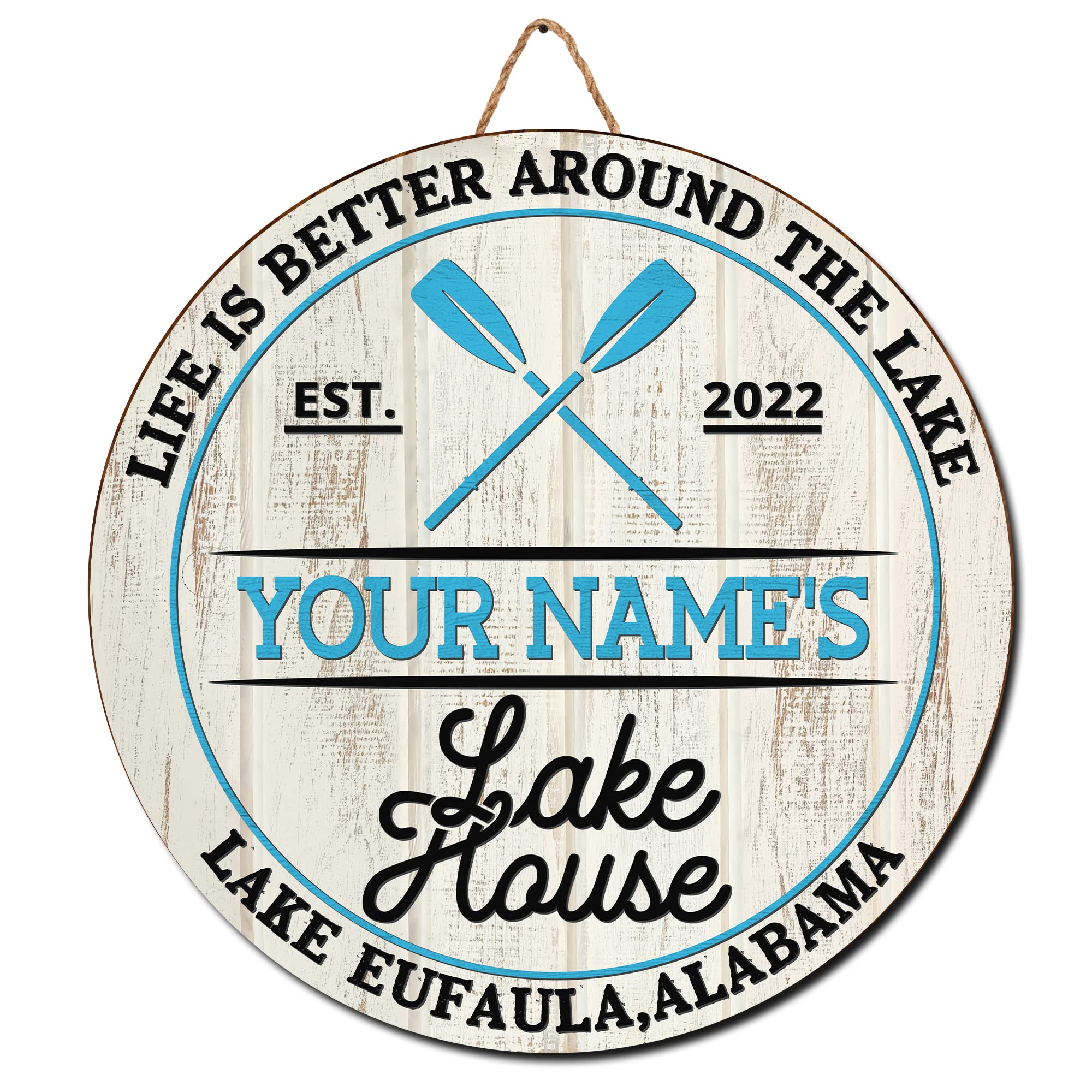 V VIBEPY Personalized Lake House Sign, Life Is Better When Spent With Family And Friends, 18" x 18" Rustic Birch Wood Decorative Sign, Wall Mount,