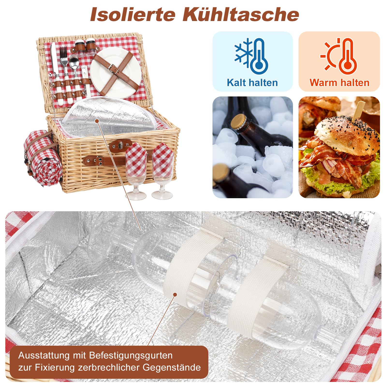 Picknickkorb für 2 Personen, Picknickkorb-Set mit Kühlfach und wasserdichte Picknickdecke, Besteck Set, Handgefertigtes Weidenkorb Picknick Korb Geschenk für Camping, Strand, Wandern (RotCheck)
