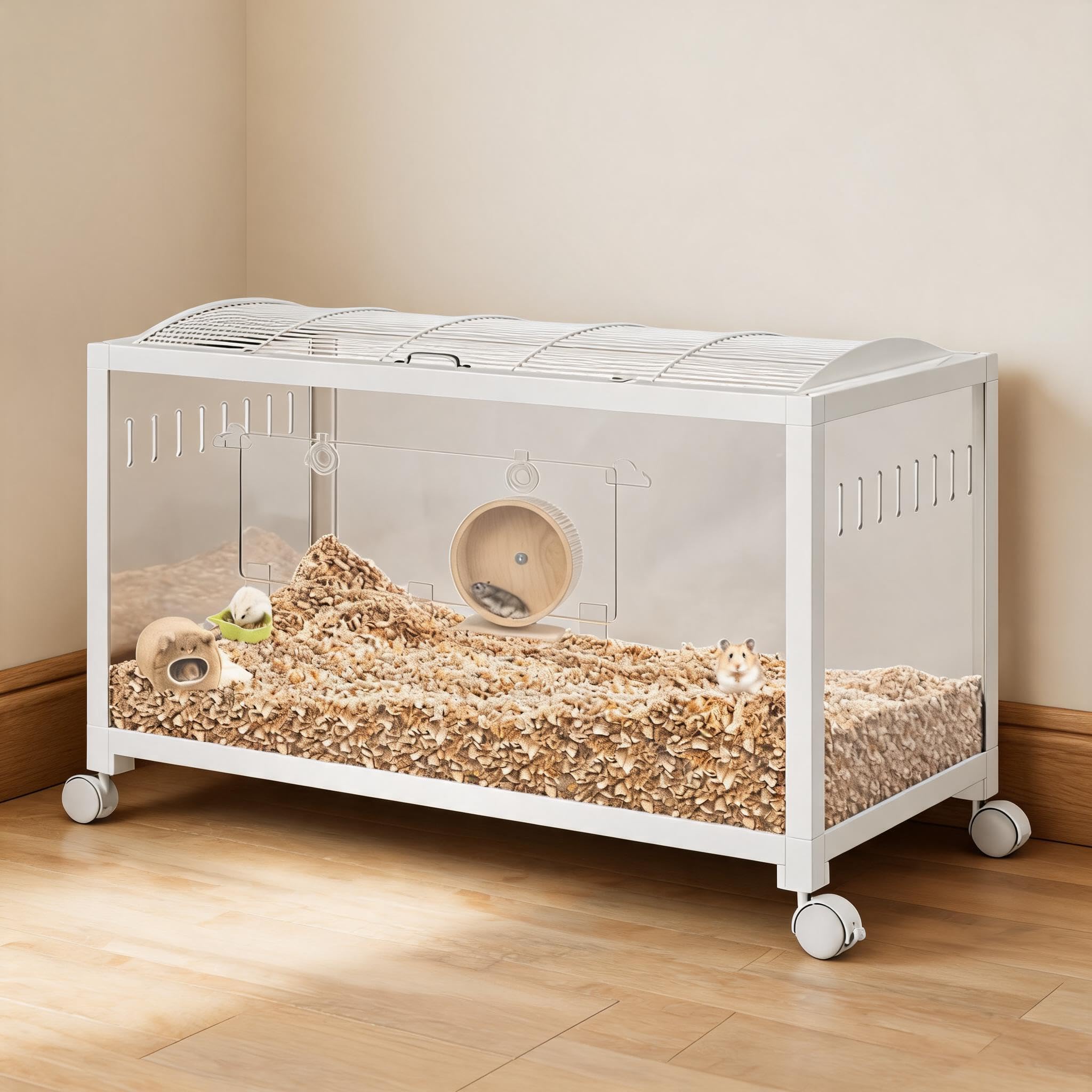 Hamsterkäfig mit Rollen groß, Kleintierkäfig Metall Weiß 96x47x50cm | Schneller und einfacher Aufbau, transparente Paneele für volle Übersicht, geeignet für Hamster Meerschweinchen Rennmäuse, vie
