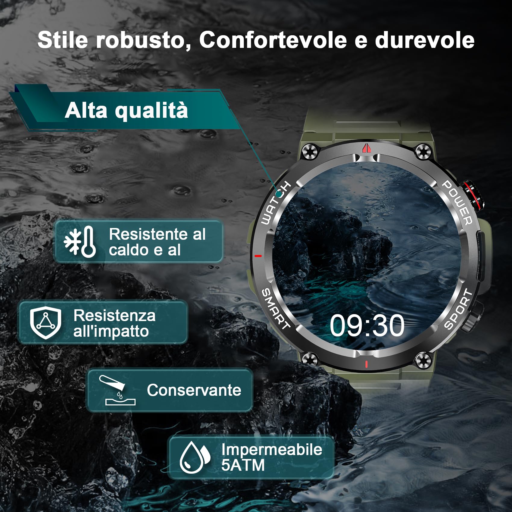 IOWODO Smartwatch Uomo,Orologio Fitness Chiamate Bluetooth,Smart Watch Militari Tracker con Cardiofrequenzimetro,SpO2, Monitoraggio del Sonno,100+ Modalità Sport Compatibile Android con iOS