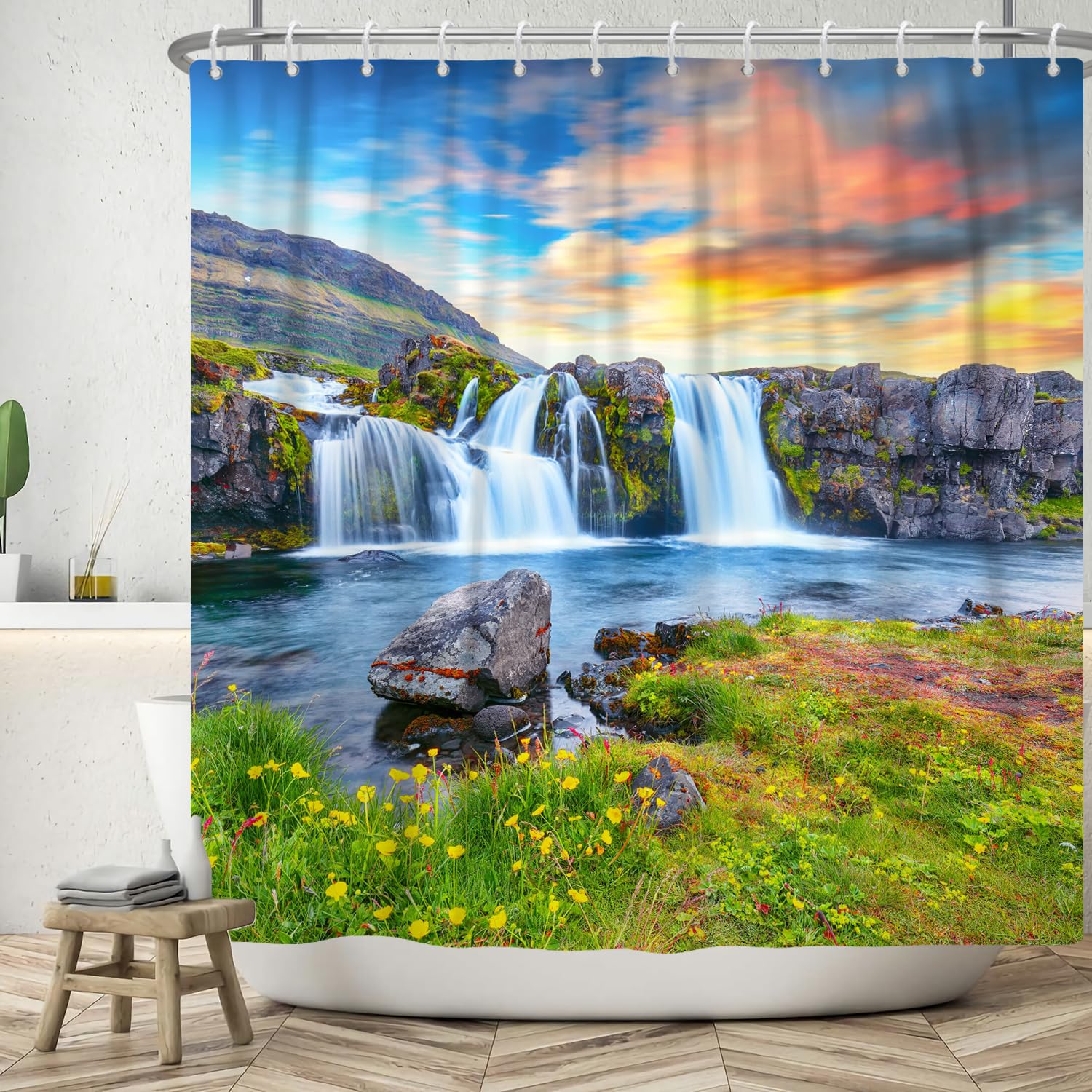 ASDCXZ Shower Curtain 120x180 cm, Natural Landscape Mountains and Rivers Waterfall Flowers Grass Washable Bath Shower Curtains Polyester Textile Waterproof Shower Curtain for Bathtub with 8 Hooks โ image 1