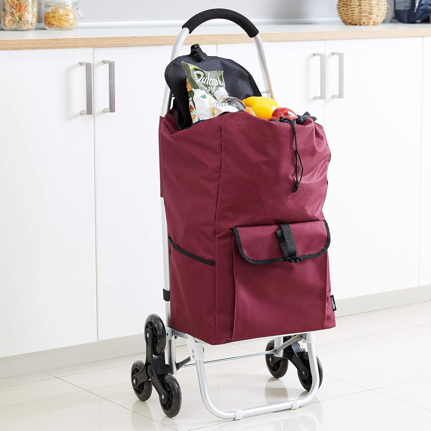 Amazon Basics 3-Wheel Shopping Trolley with Aluminium Handles, 50 Litre, Red