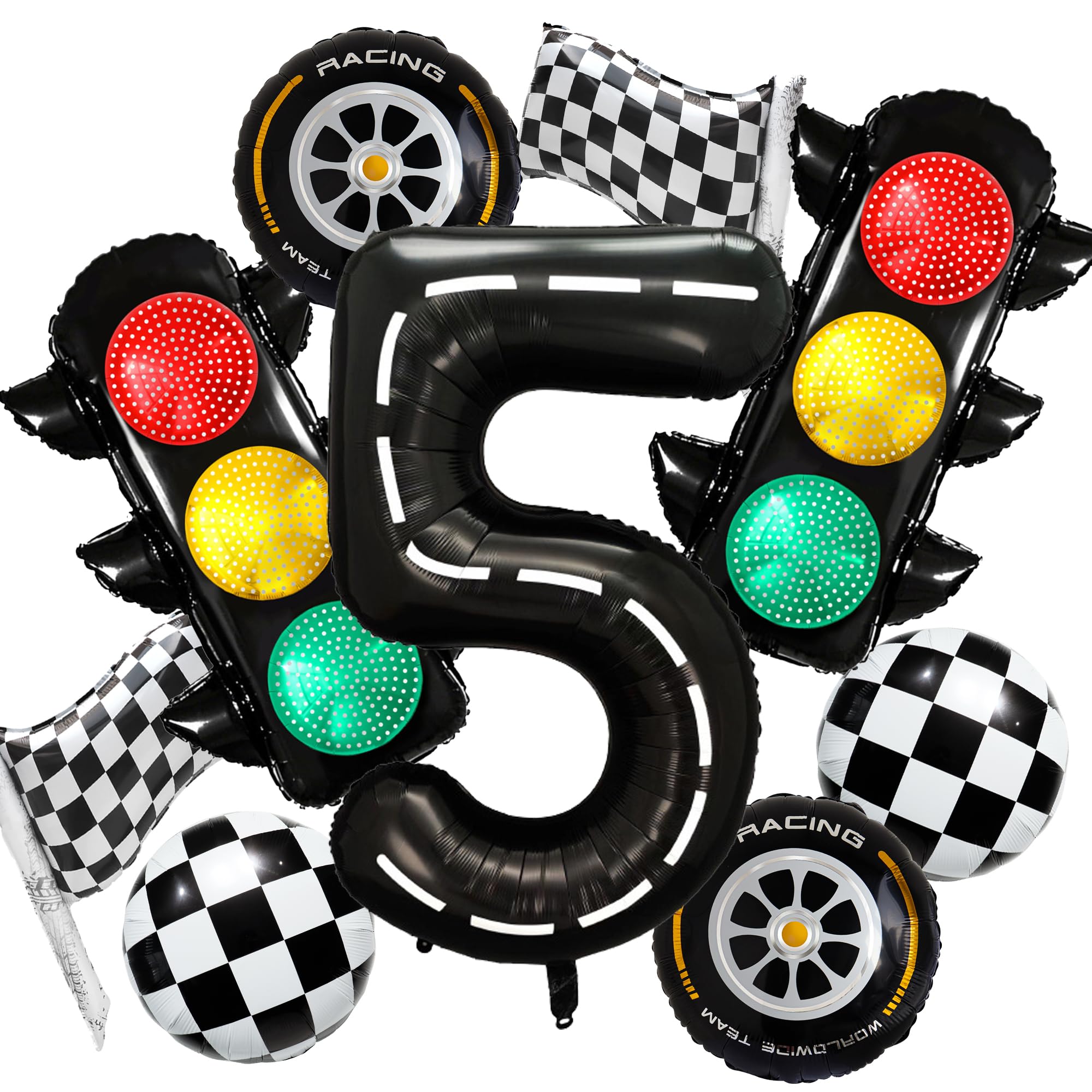 9Pcs Traffic Light Balloons, Black and white Check Racing Theme Balloons for Kids 5th Birthday Party Supplies Decorations
