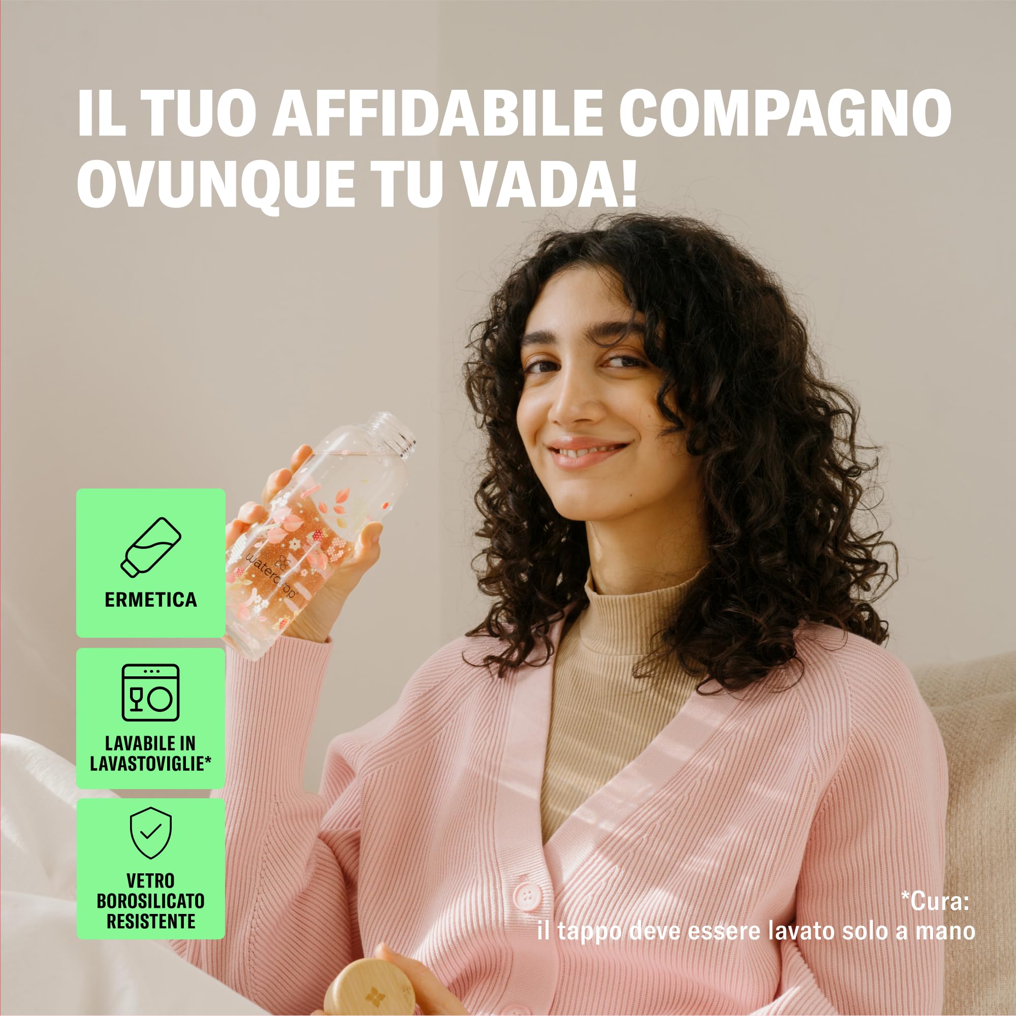 waterdrop® Borraccia in Vetro 600ml – Borraccia Personalizzata con Tappo in Bambù, Custodia Neoprene, Antigoccia, BPA Free – Borracce Design per Sport, Ufficio, Viaggio, Casa