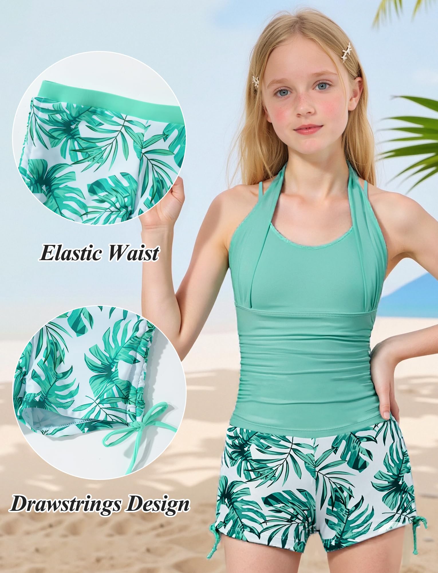 Happy Cherry Bañador para niña de 2 piezas, tankini con tirantes, bañador estampado con cordón, traje de baño para adolescentes, vestido de baño de verano