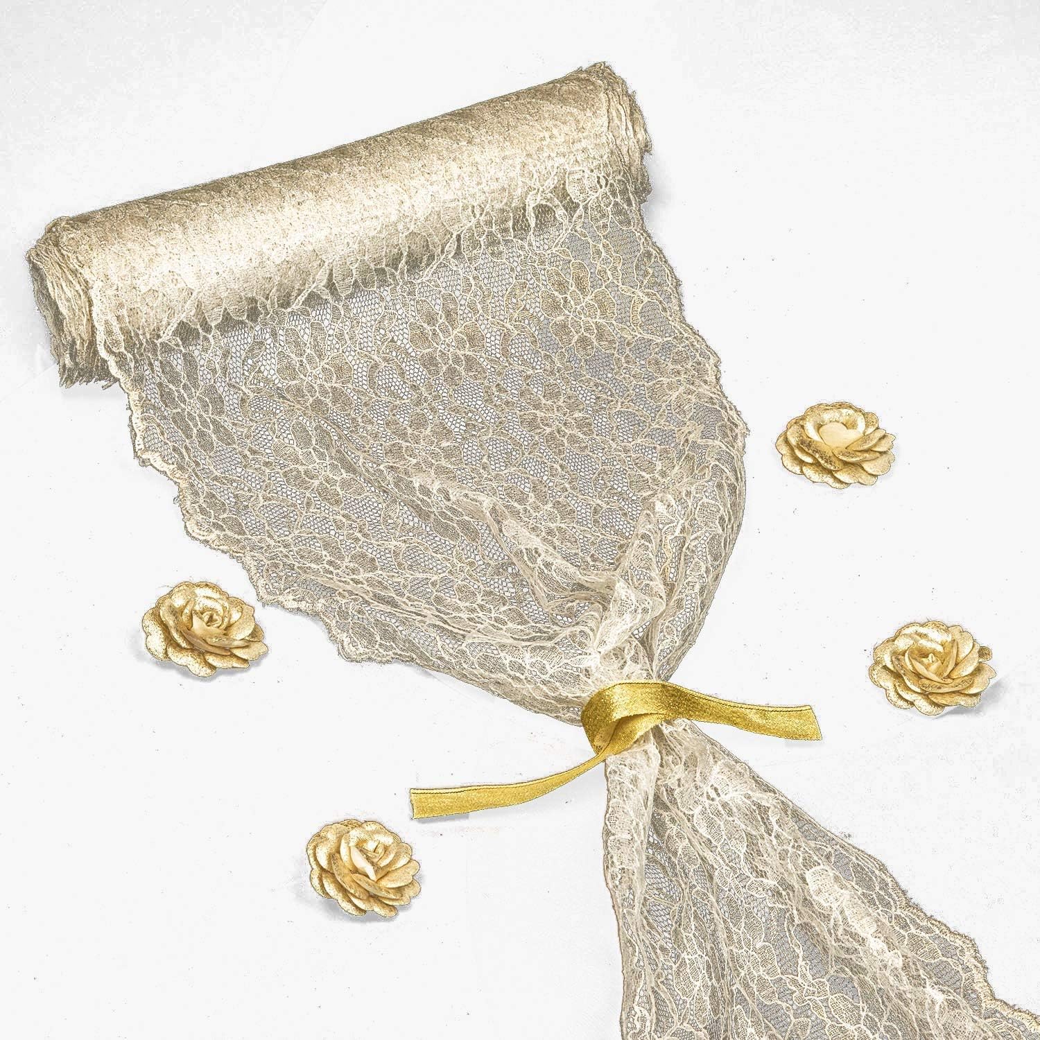 Flash Deals - 40% OFF FEMINEN TEXTILE Soft Gold Lace Table Runner 12 inches x 16 Yards for Classy, Vintage and Boho Wedding and Reception Decorations