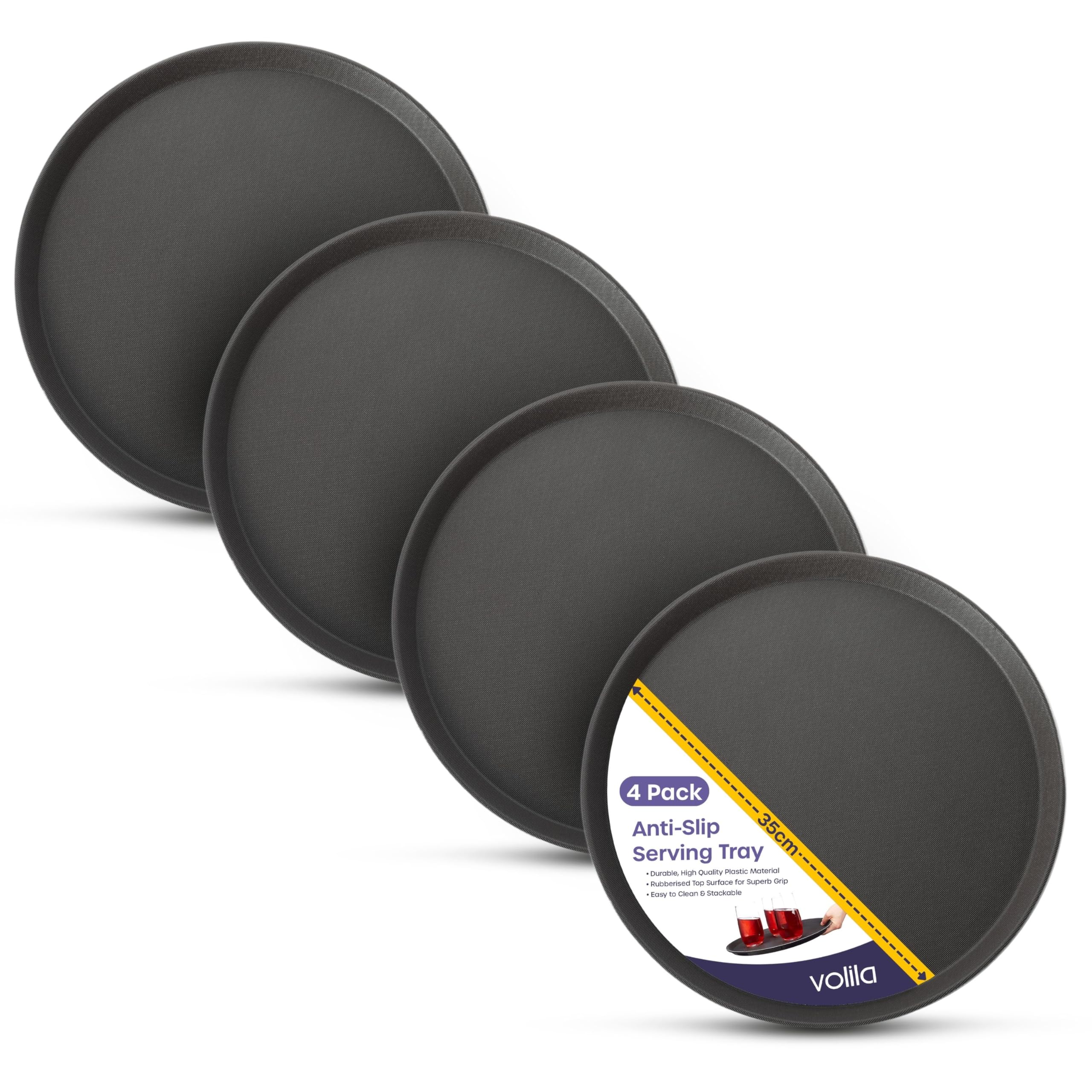 Black Round Tray - 35cm (4 Pack) Rubberized Round Trays for Food Serving and Drinks - Dishwasher Safe Non Slip Tray for Parties, Gatherings, Bars, Restaurants, and Home Use