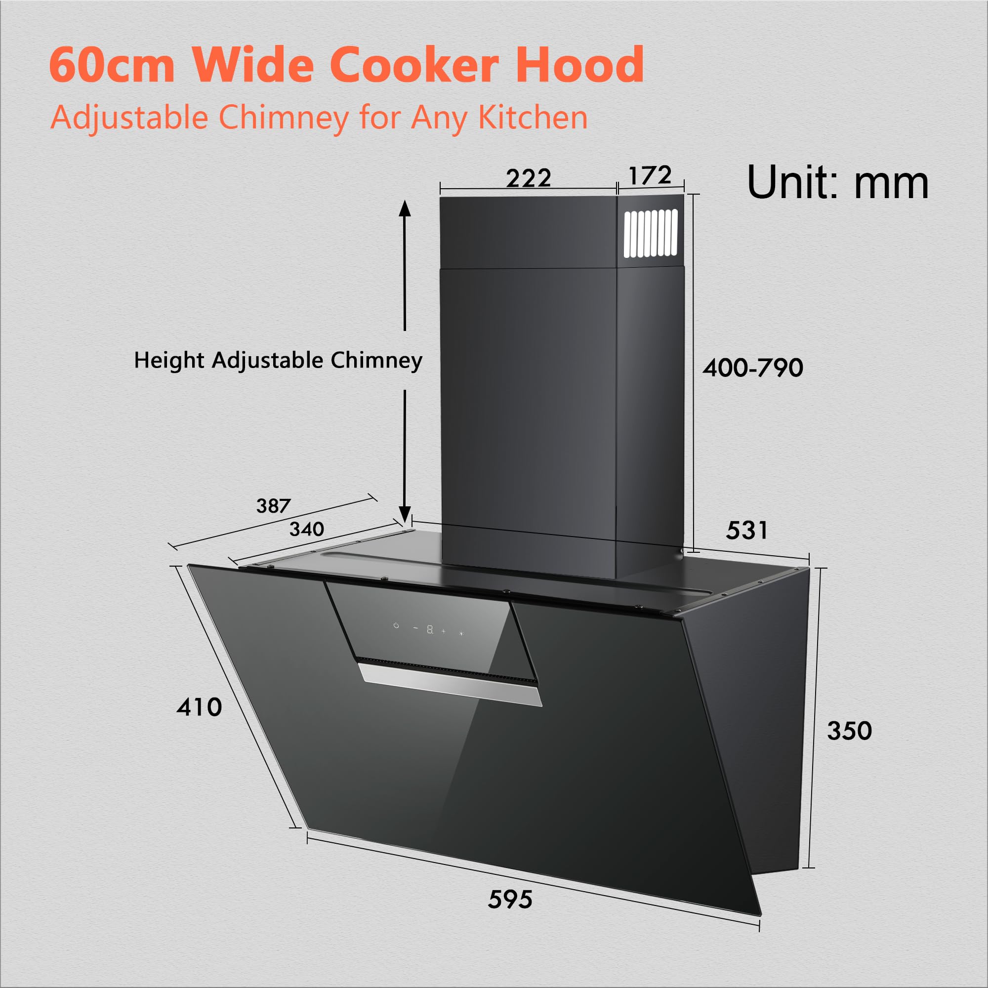 SNDOAS Dunstabzugshaube 60cm 800 m³/h A+++ 3 Stufen Booster Touchscreen Aktivkohlefilter Abluft Umluft Schwarz