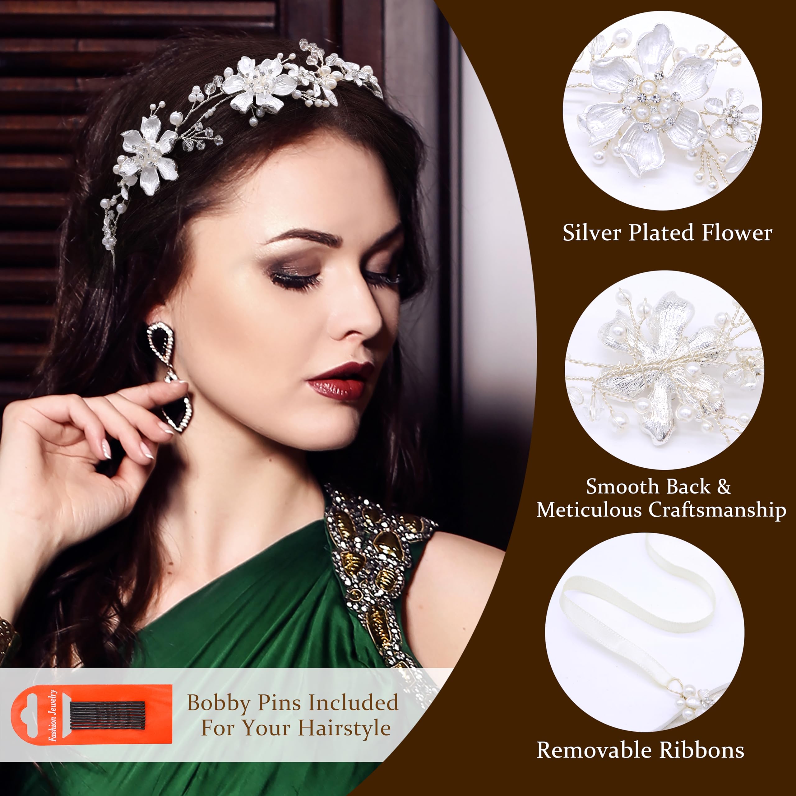 Cerchietto Da Sposa Oriamour Con Cristalli E Nastri Raso - Argento, Accessorio Capelli Matrimonio
