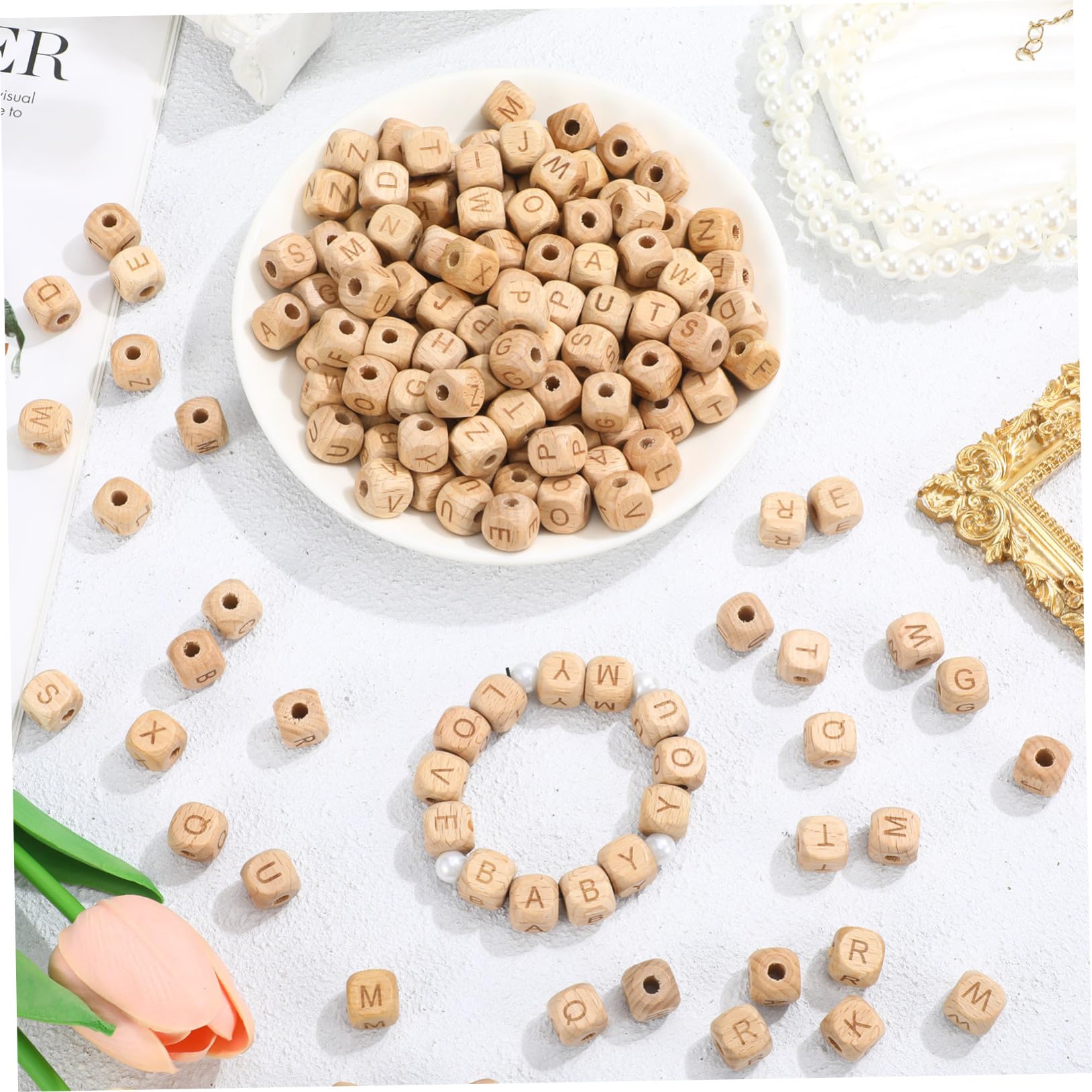 260 Pezzi Perline in Legno Faggio Quadrate Alfabeto Perline Artigianali Leggere per Creazione Gioielli Braccialetti e Progetti DIY per Adulti