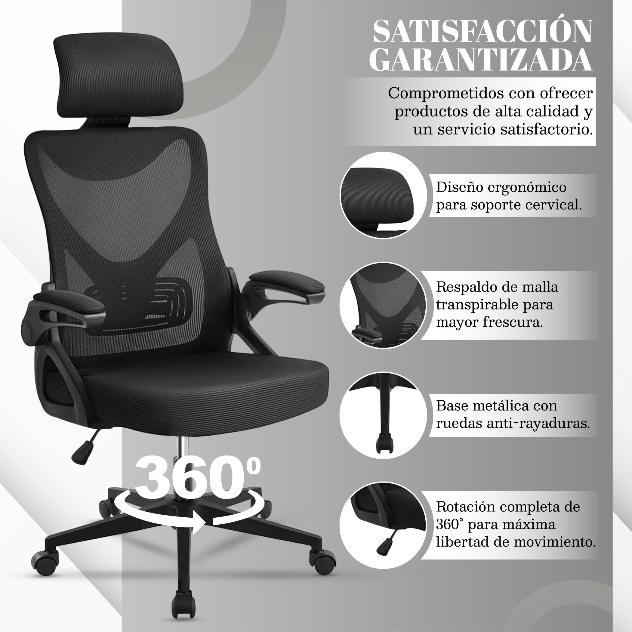 EveryKip® Silla Escritorio Ergonomica Ajustable con Reposabrazos Negro| Ruedas Anti-Arañazos | Sillas Oficina Ejecutiva con Reposacabezas | Cadeira Ergonómica Office Chair (Negro) — view 3