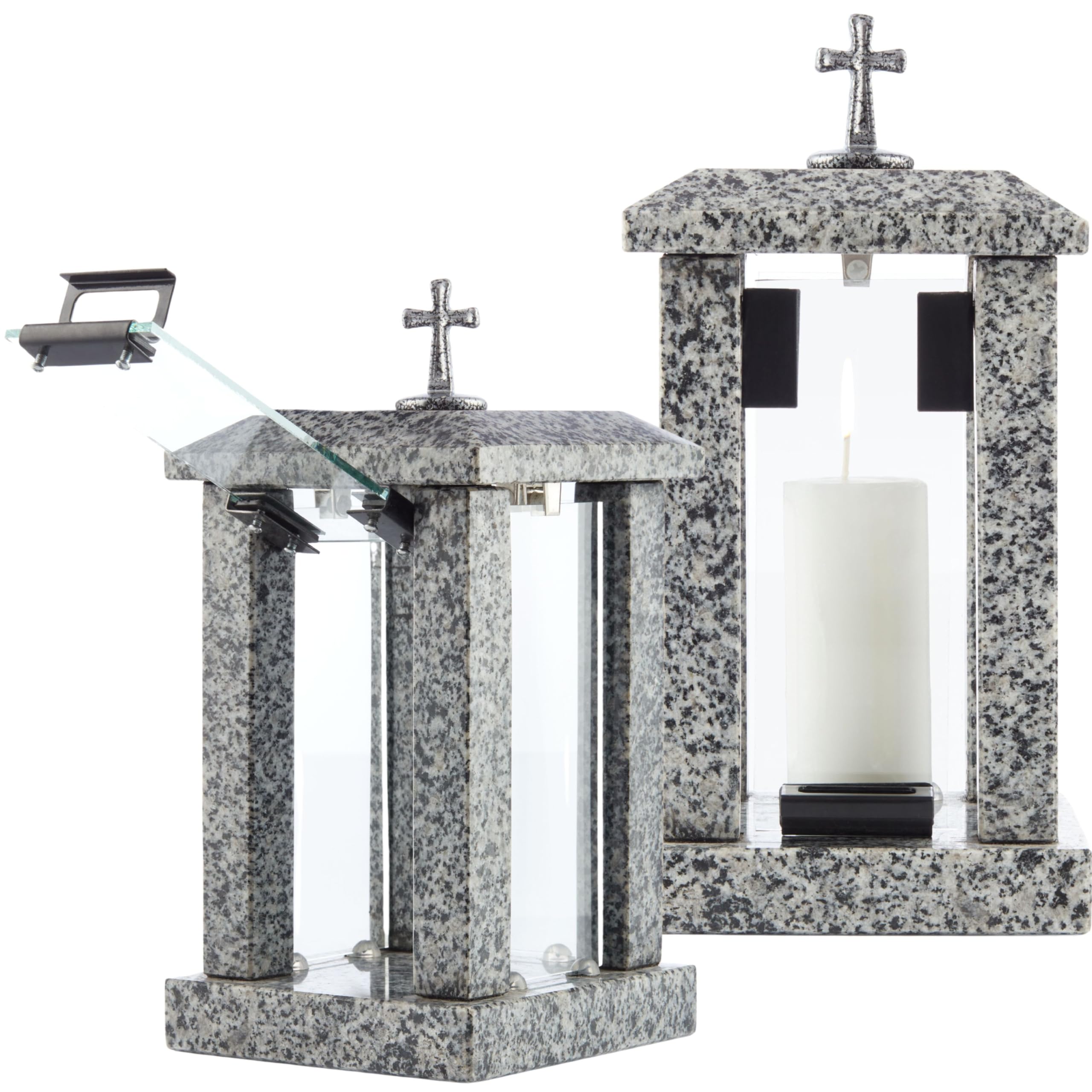 Large Square Granite Memorial Lantern with Cross – H 22.6" (32cm) Grey Graveside Tribute Memory – Funeral Gift, Cemetery Grave Ornaments, Memory Lantern, Candle Decoration for Graveyard or Home Use