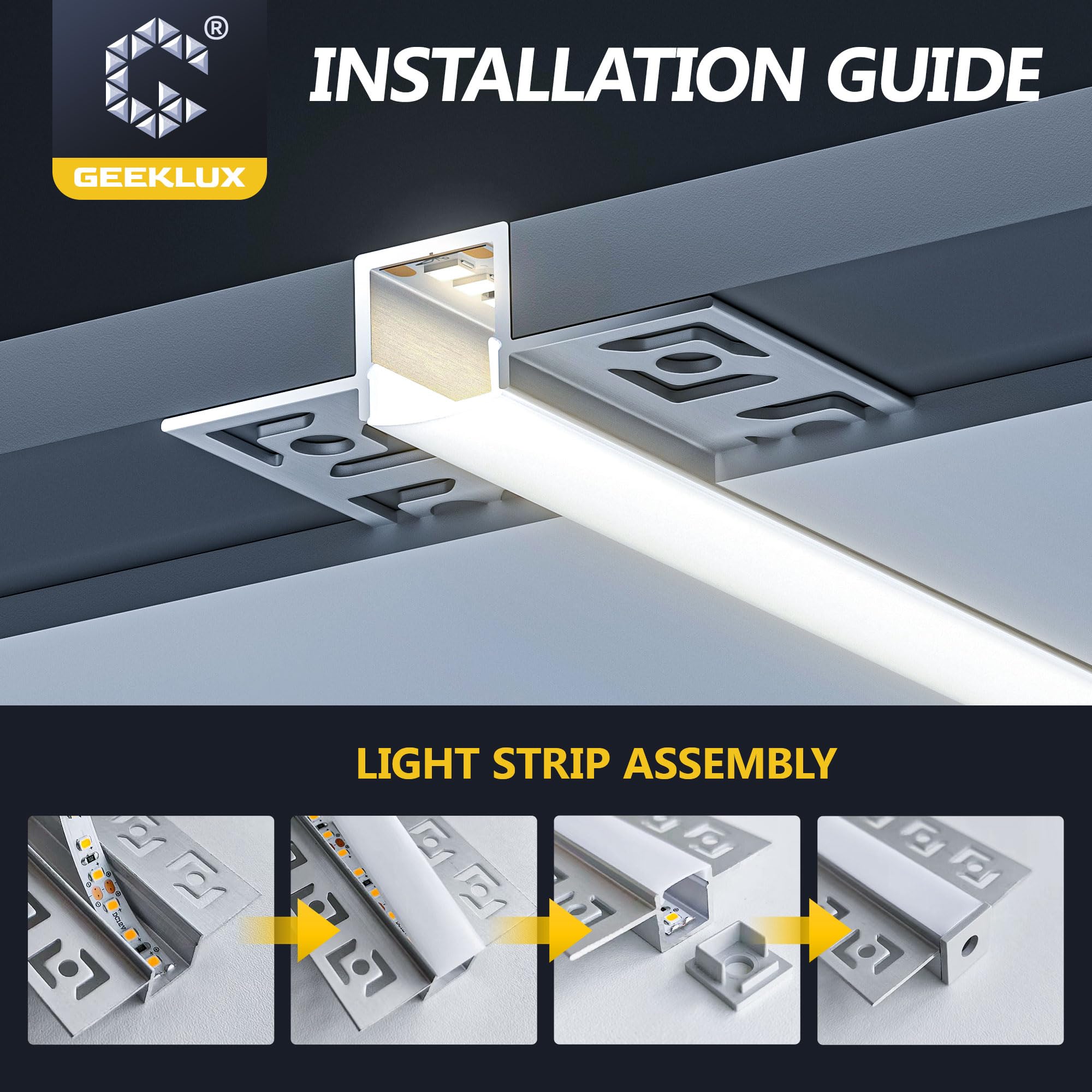 GEEKLUX 15 x Profili LED per cartongesso in alluminio 2 m (totale 30 m), per strisce LED fino a 12 mm di larghezza - Canalina LED con diffusore semitrasparente, dimensioni 55,5 mm x 14,9 mm