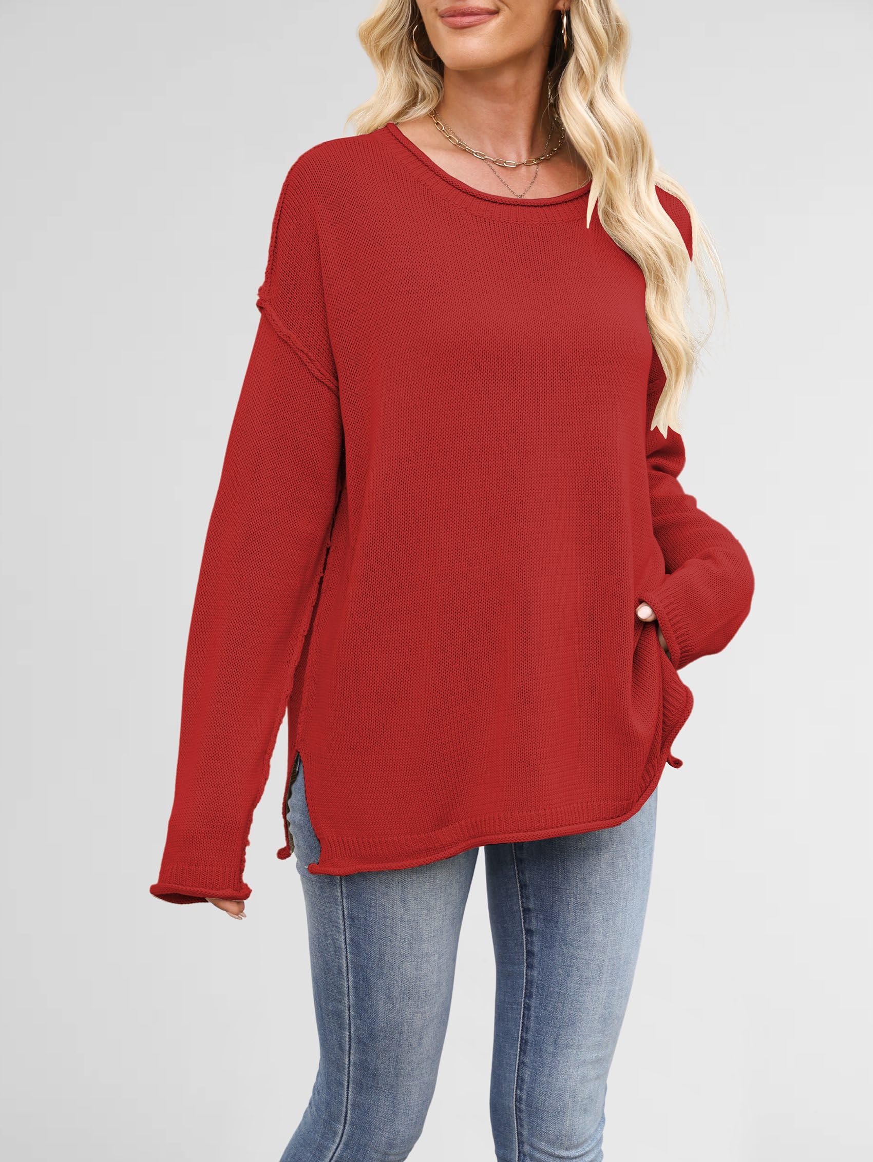 Luźne Swetry Damskie, Luźne, z Długim Rękawem i Okrągłym Dekoltem, Dzianinowe, Przytulne, Swetry Pullover Czerwony M