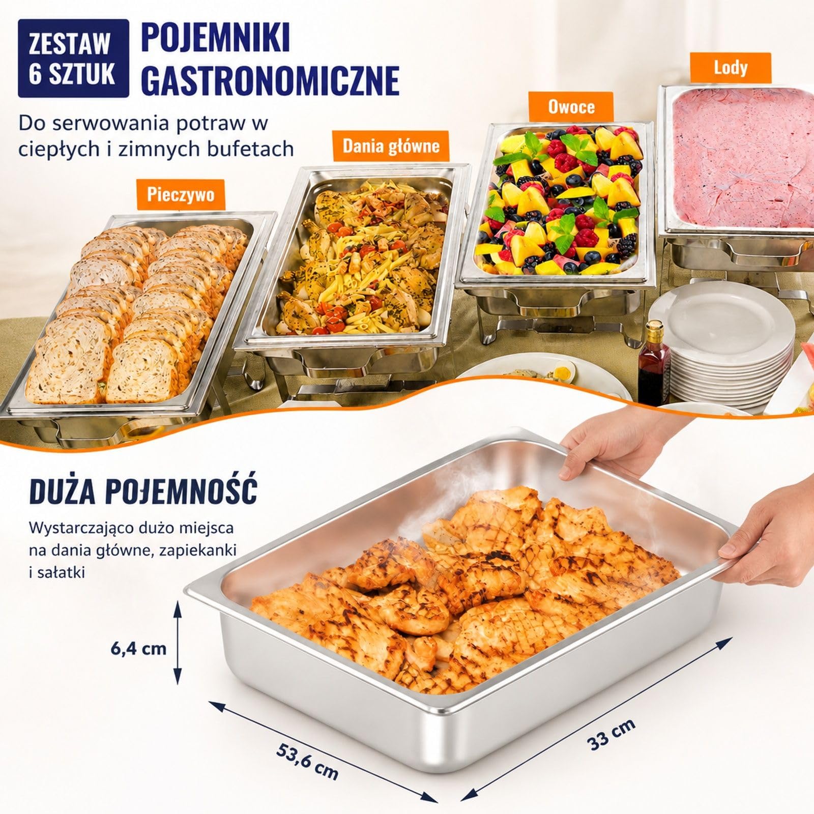 6 sztuk pojemników gastronorm ze stali nierdzewnej z pokrywkami, do bufetu, cateringu i kuchni