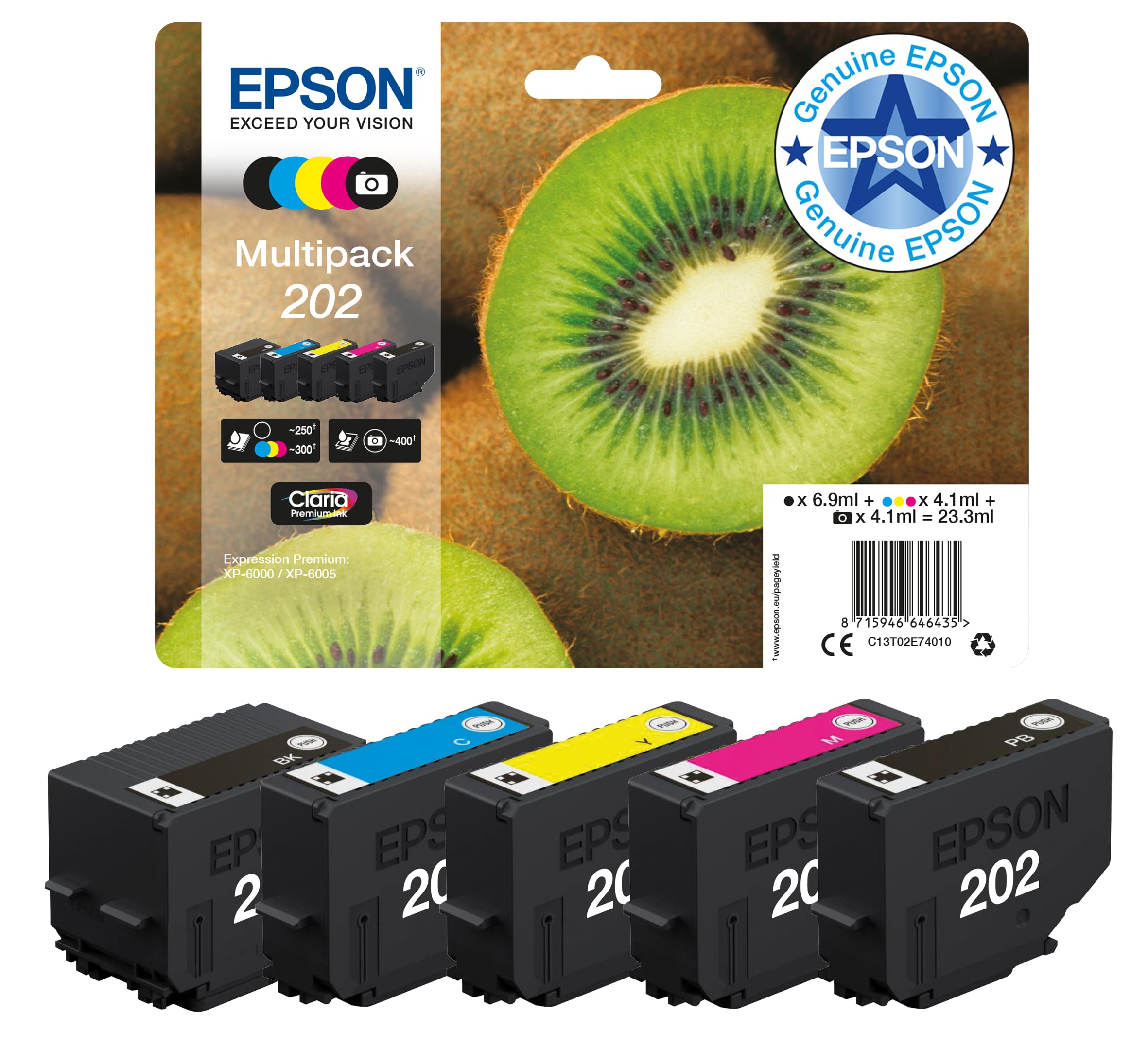 Epson202 Kiwi Genuine Multipack, 5-colours Ink Cartridges, Claria Premium Ink, Black/Yellow/Magenta/Cyan, Standard Capacity