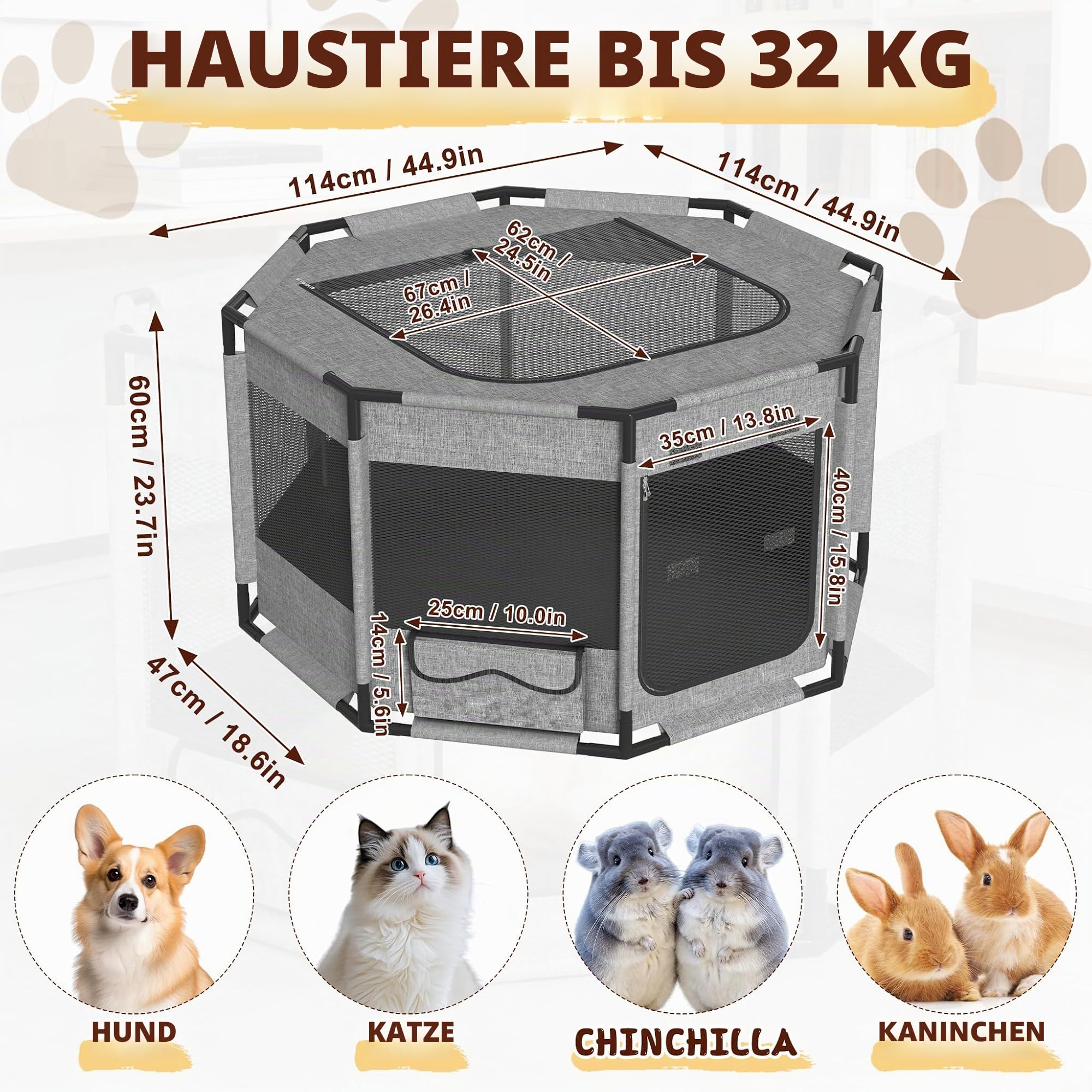 UISEBRT Welpenauslauf Freilaufgehege,Welpengehege aus Oxford-Gewebe,atmungsaktives Netz mit Reißverschluss & Seitentasche,Laufstall Laufgitter Indoor für Hunde Katzen,113.5x113.5x60cm Achteckig