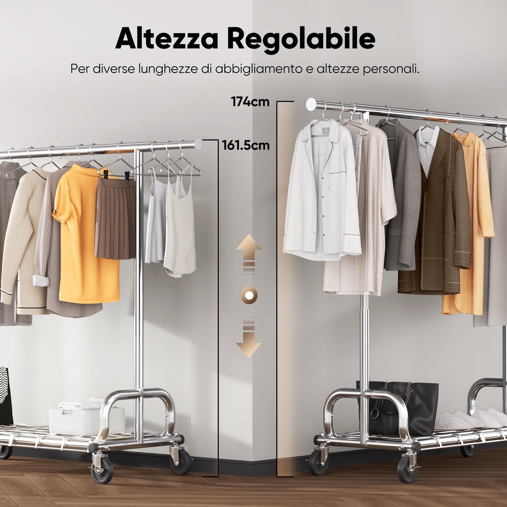 HOKEEPER Appendiabiti da Terra Resistente con Copertura Antipolvere, Barra Estensibile e Altezza Regolabile con Ruote Bloccabili, Salvaspazio per Camera da Letto, Appartamento Piccolo, Lavandería | Terra Resistente 204kg, con Ruote Bloccabili, Salvaspazio