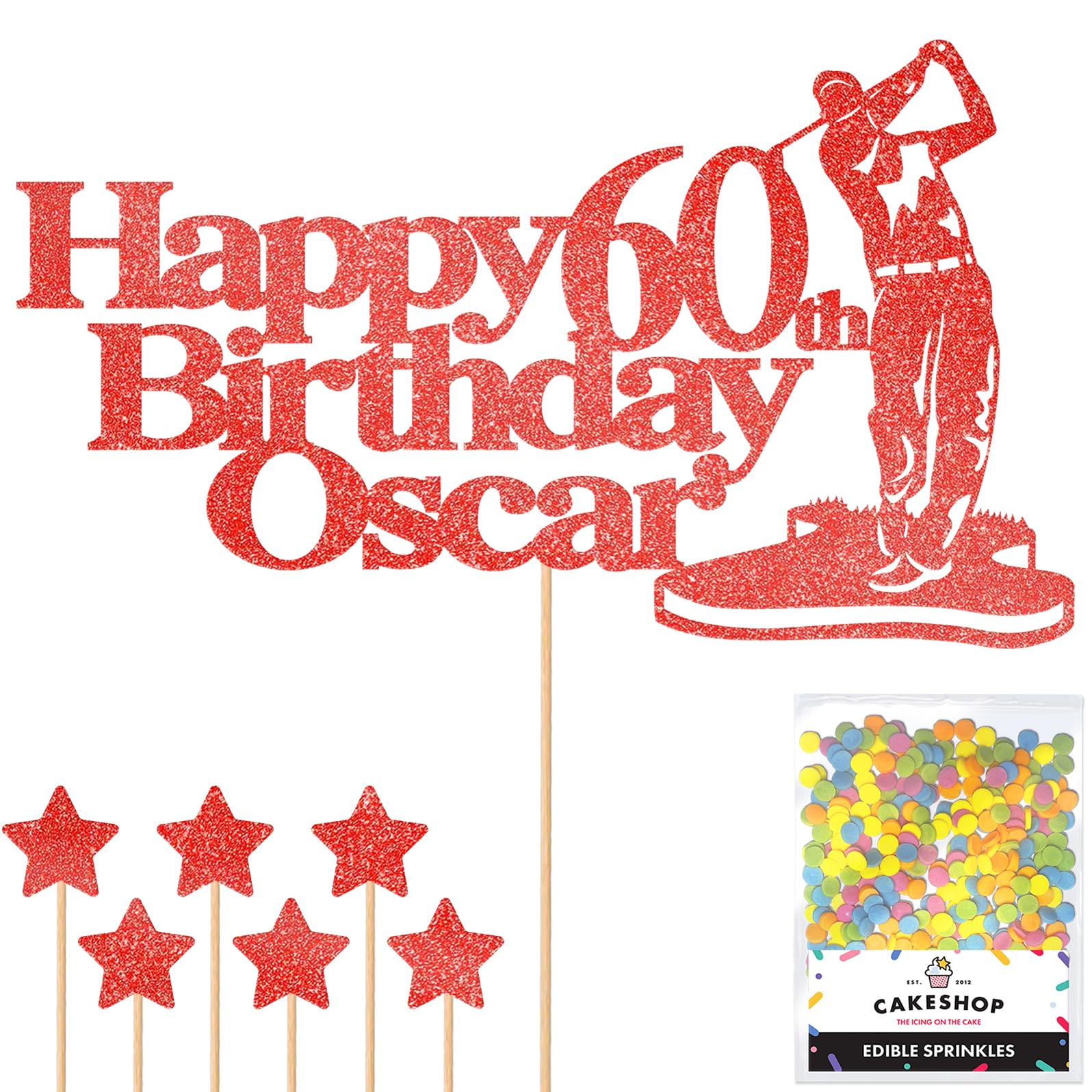 Personalised Golf Golfer Glitter Cake Topper - Red Custom Age & Name Glitter Cake Decoration and Sprinkles - Happy Birthday Decorations - Personalised Toppers for Cakes by Cakeshop