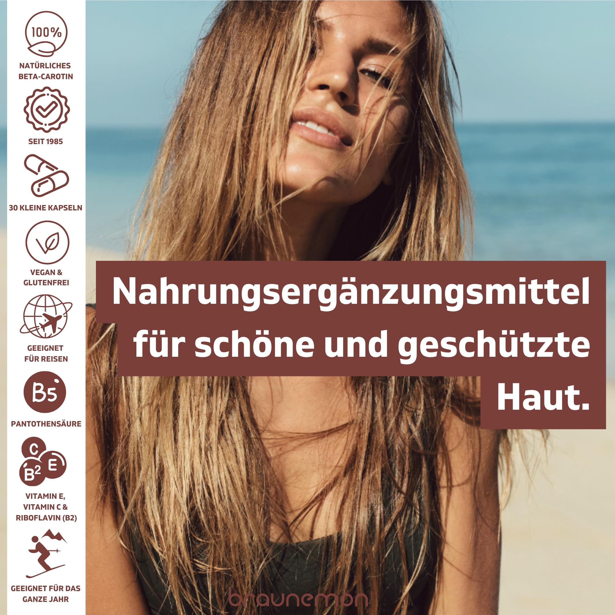 Braunemon – Bräunungskapseln mit natürlichem Beta Carotin, Hoher Pantothensäuregehalt und Vitaminen – 30 Selbstbräuner-Kapseln