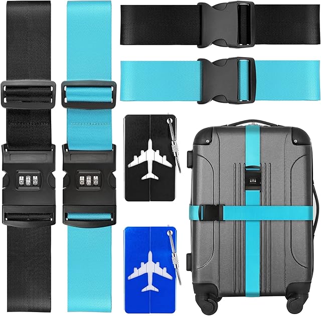Luggage Straps for Suitcases,4 Pack Adjustable Suitcase Straps with Password Lock Clip, Extra Long 230 & 200 CM for 10-34" Suitcase, Bungee Straps with Suitcase Tags Travel Accessories (Black & Blue)
