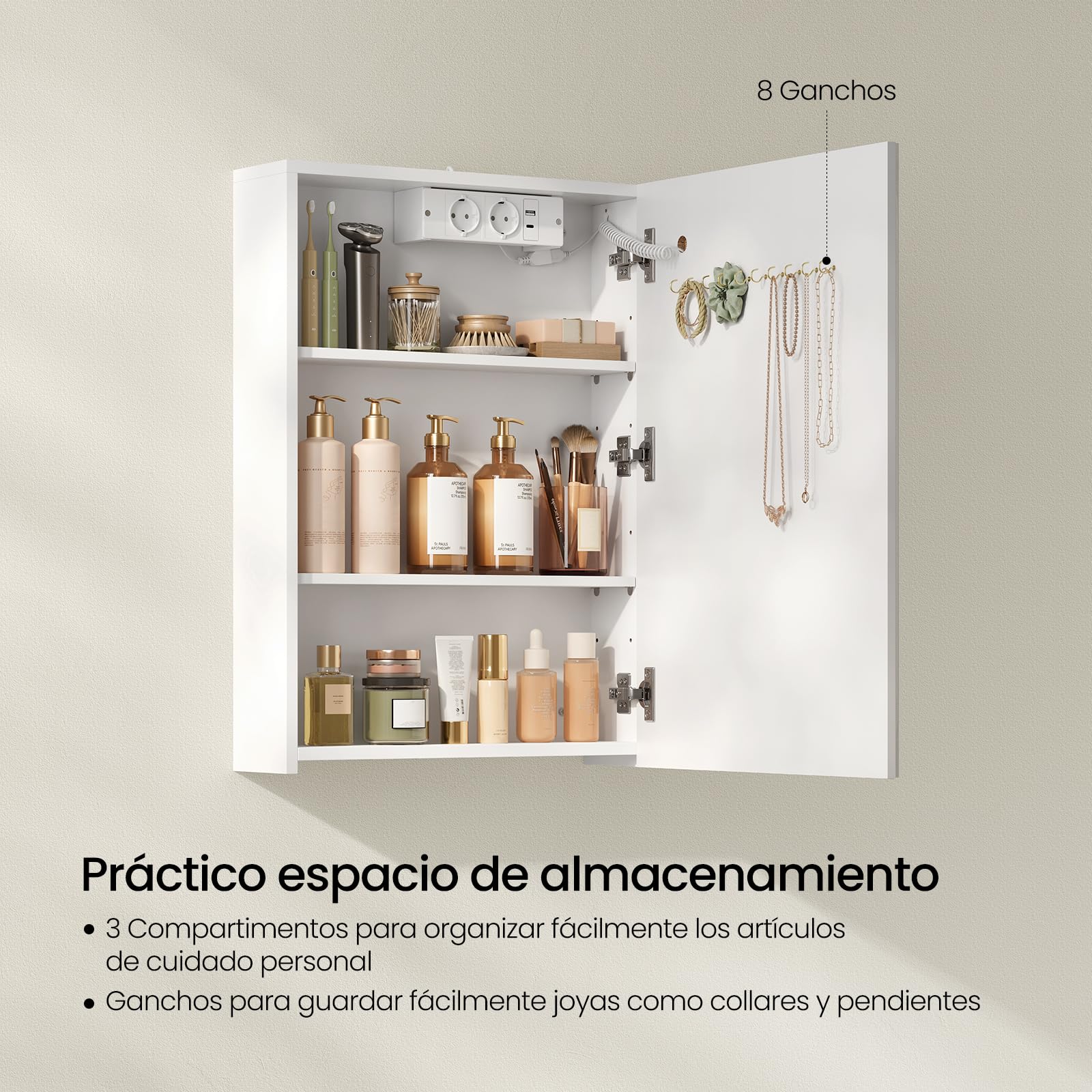 EUGAD Armario Baño con Espejo y Luz, Armario de Pared con Estantes Ajustables, Luz Táctil de 3 Colores, Ganchos de Joyería, Mueble Baño para Piso Apartamento, Blanco