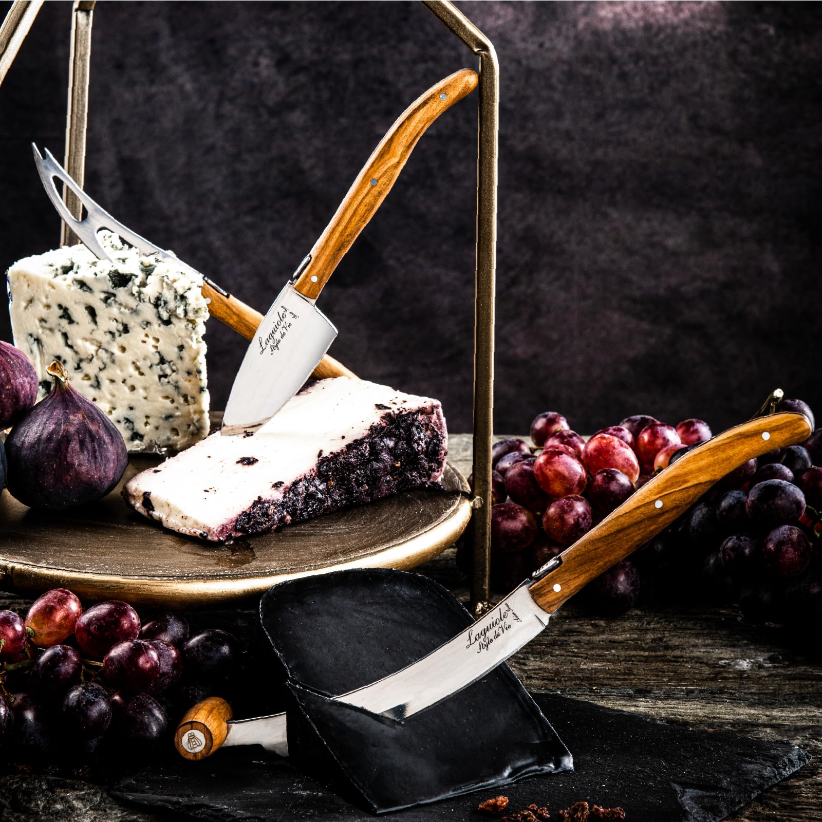 Laguiole Style de Vie Coltello da Formaggio Luxury Line, 3 Pezzi, legno d'ulivo