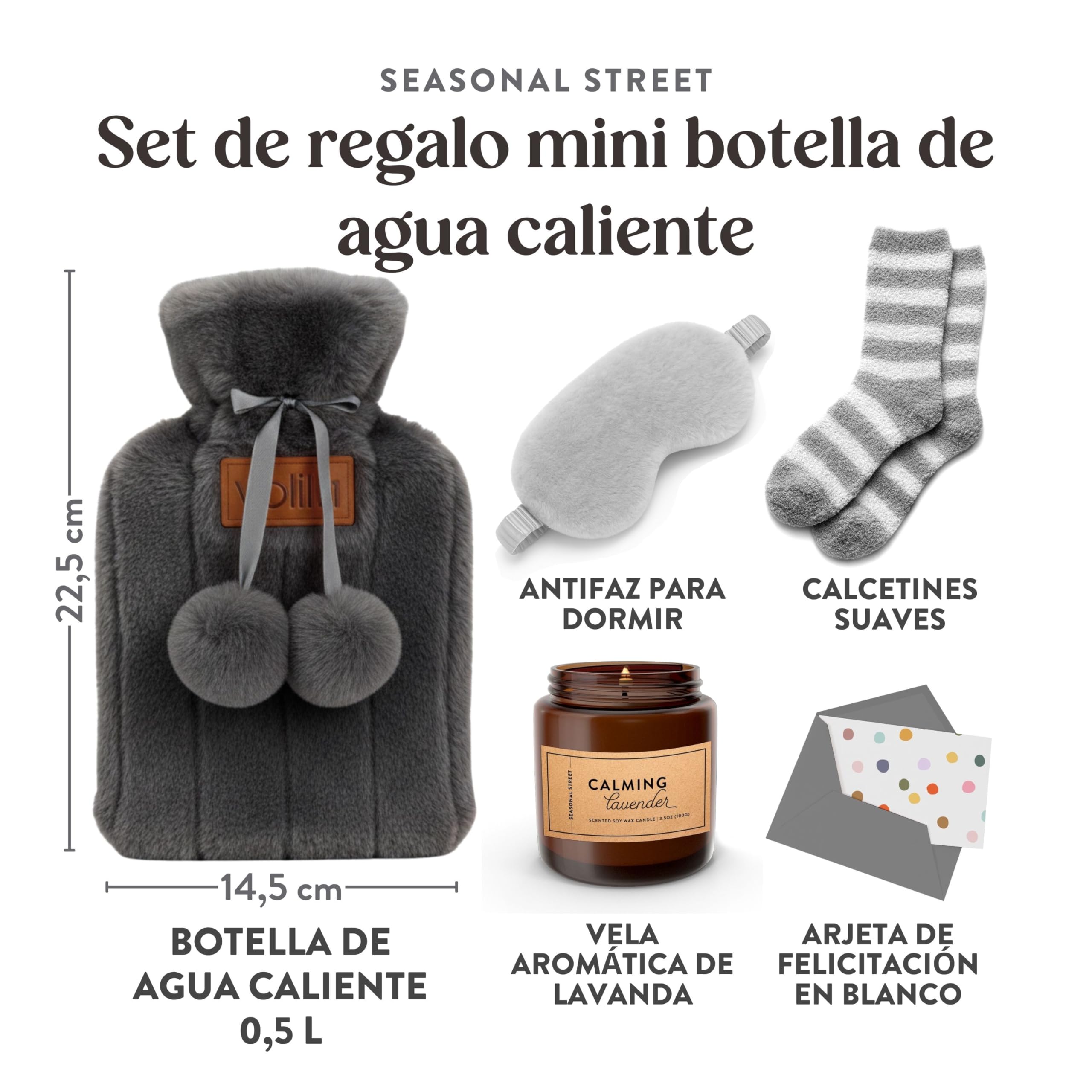 Regalo Mujer - Set Regalo Mujer Con Bolsa de Agua Caliente Gris, Calcetines de Felpa, Vela de Lavanda, Máscara Para los Ojos